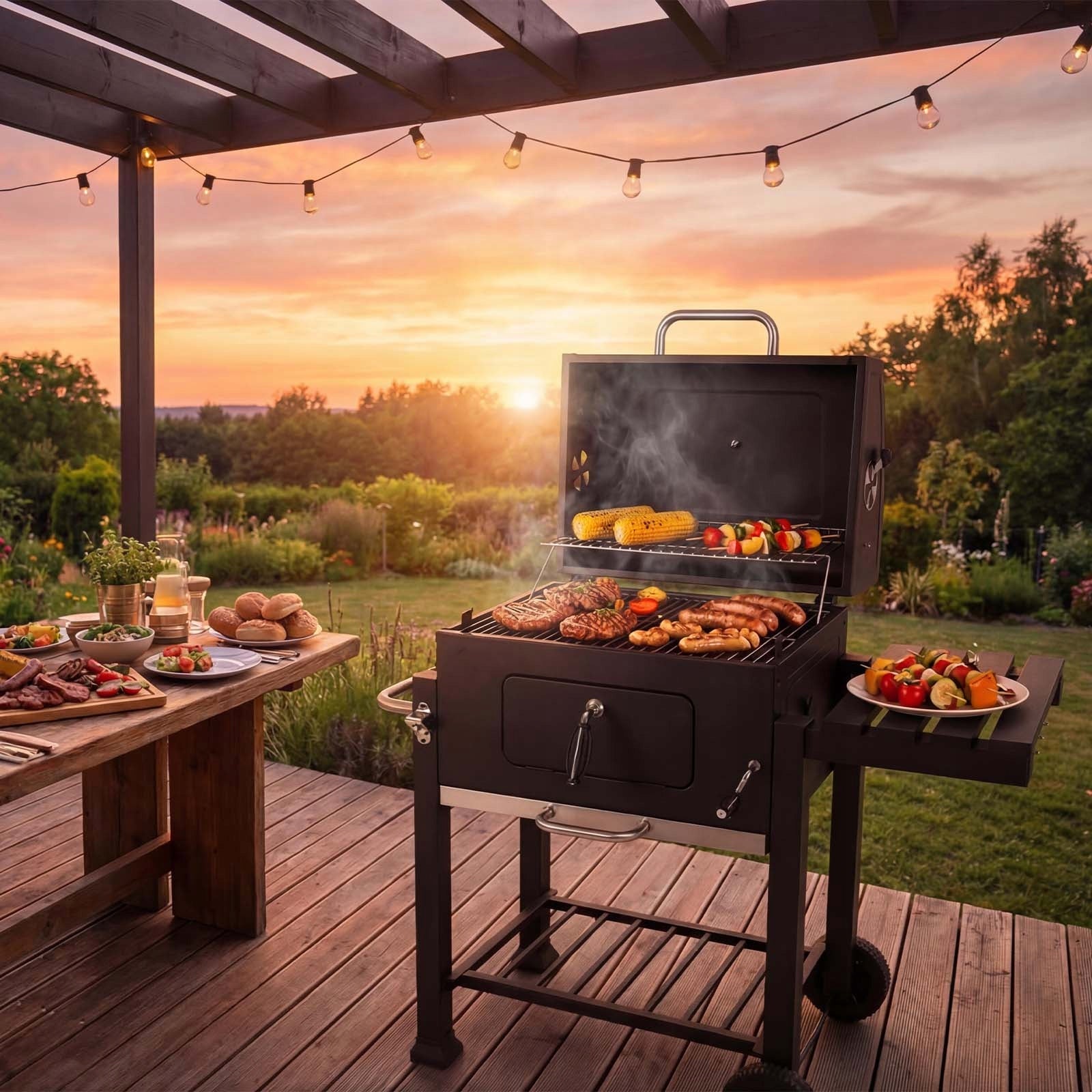 CHARCOAL GARDEN GRILL WITH LID LARGE WITH SHELF WITH THERMOMETER BLACK RUGIA Grill height 107 cm