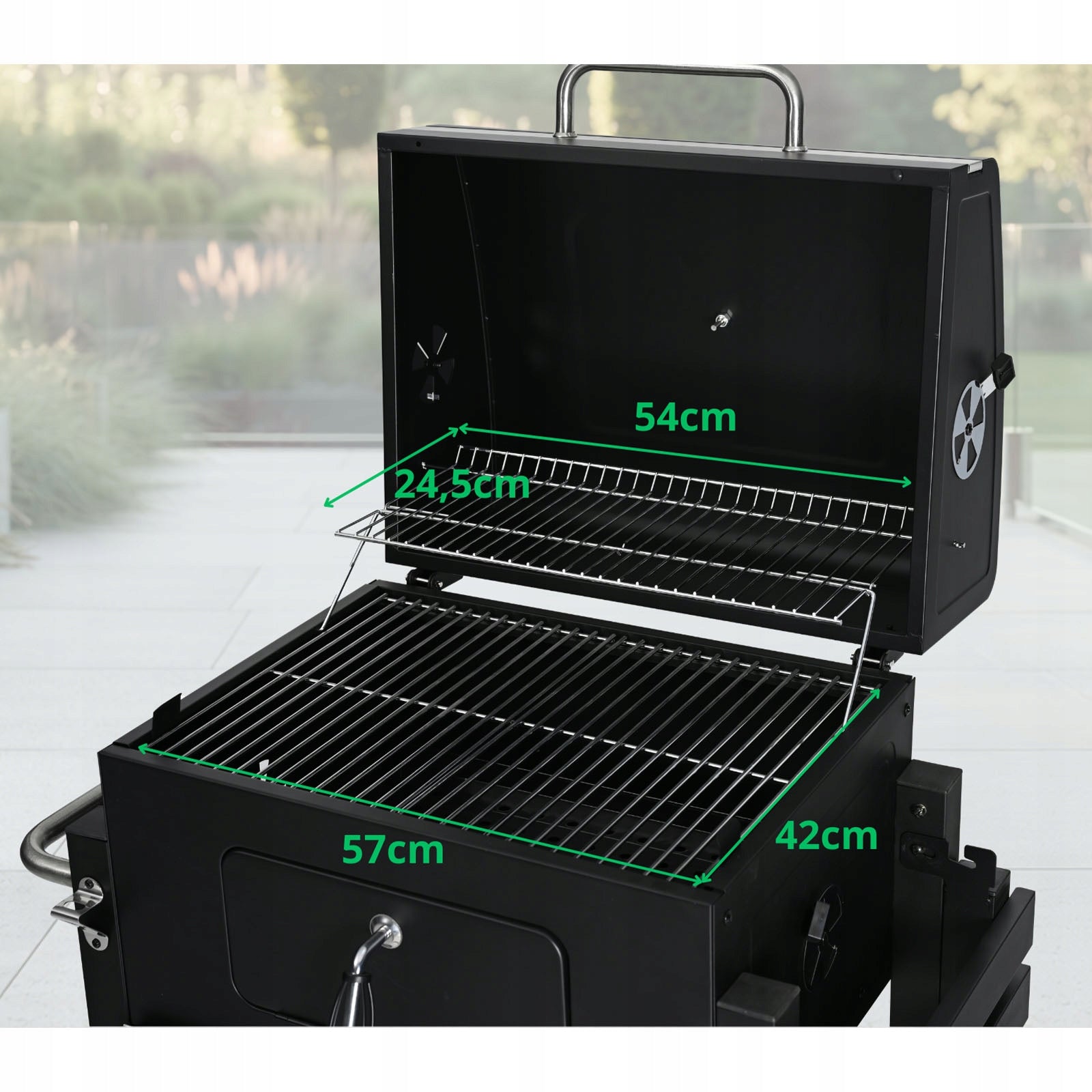 CHARCOAL GARDEN GRILL WITH LID LARGE WITH SHELF WITH THERMOMETER BLACK RUGIA Grill width 117 cm