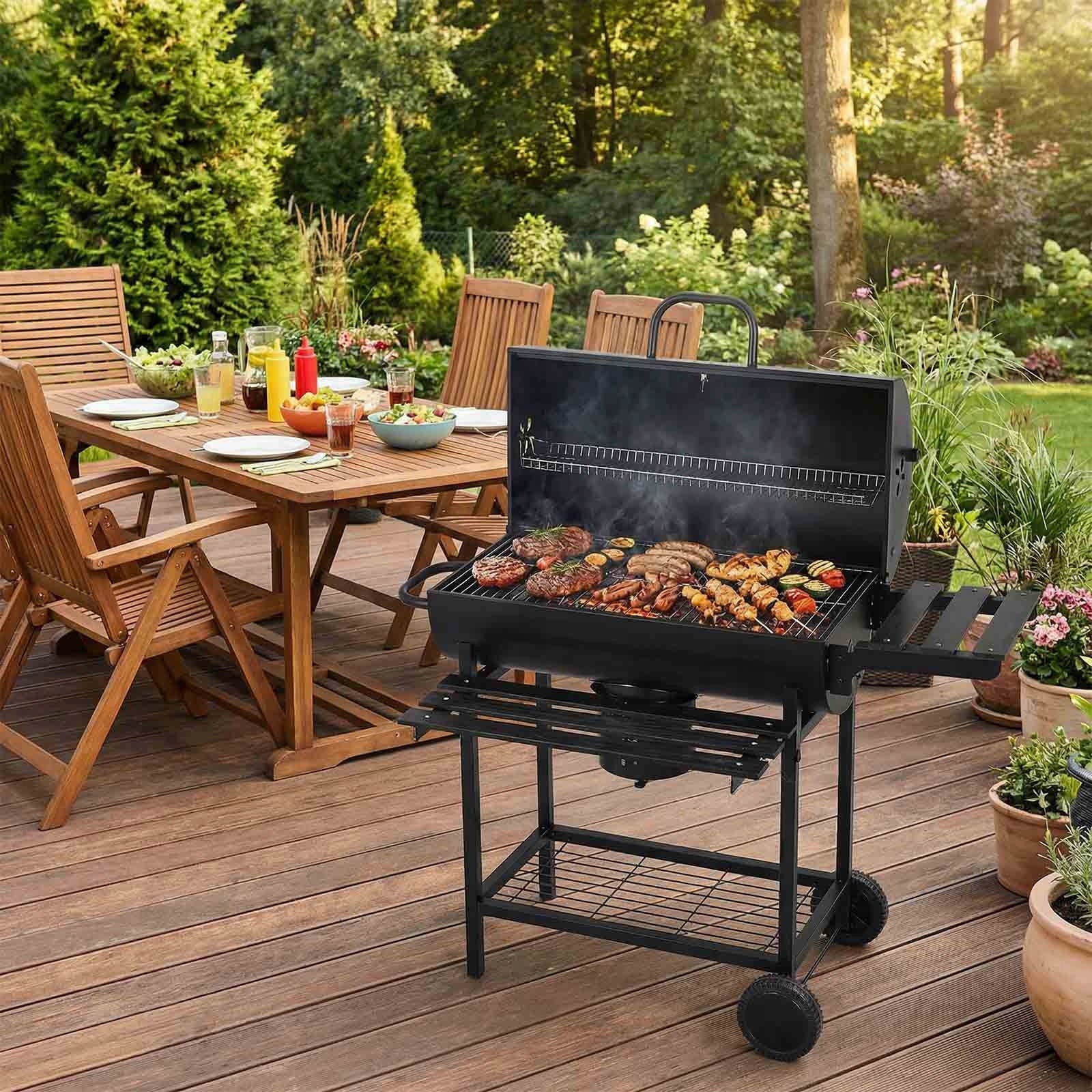 CHARCOAL GARDEN GRILL WITH LID LARGE WITH SHELVES ASHTRAY BLACK GRAND Grill width 116 cm
