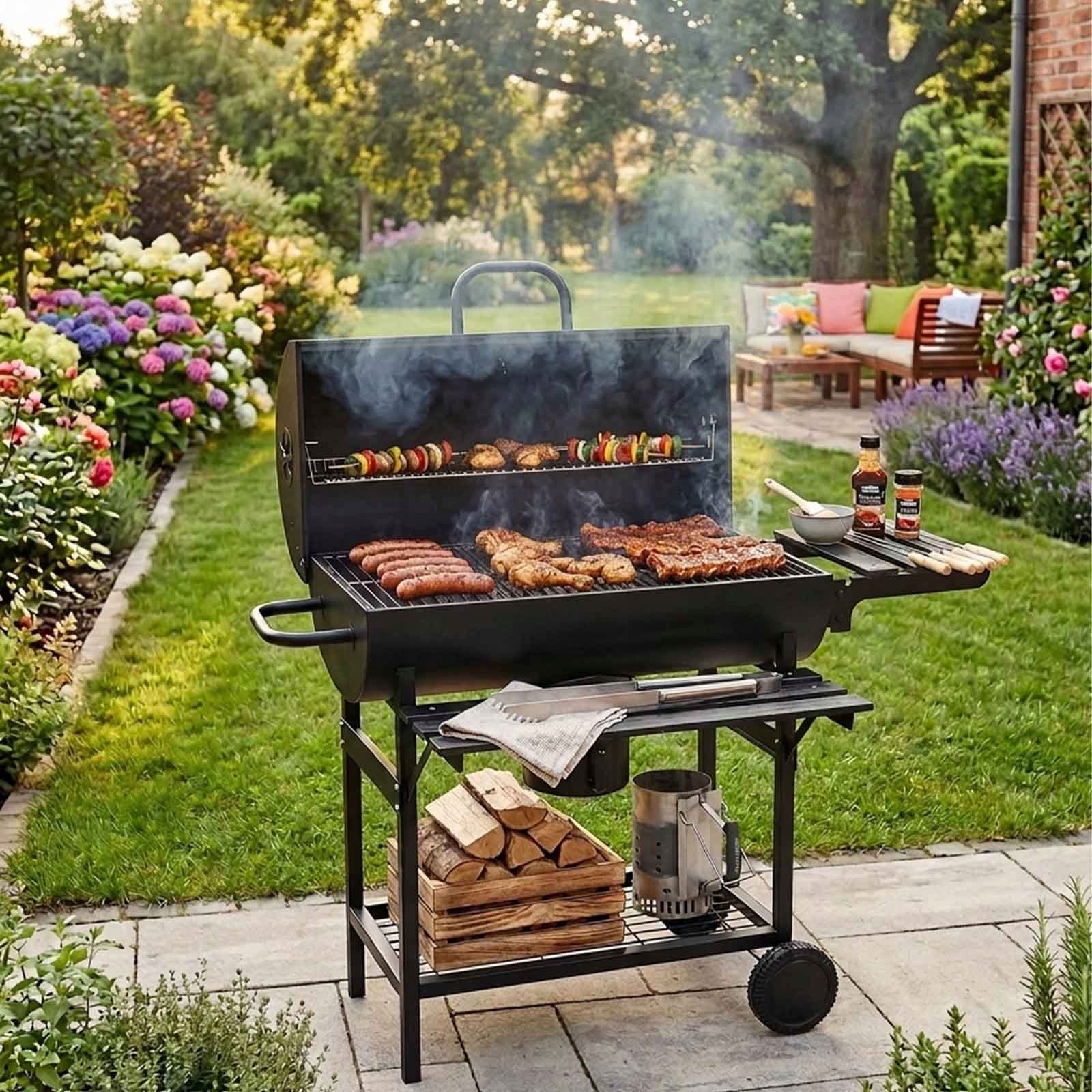 CHARCOAL GARDEN GRILL WITH LID LARGE WITH SHELVES ASHTRAY BLACK GRAND Manufacturer code GRAND