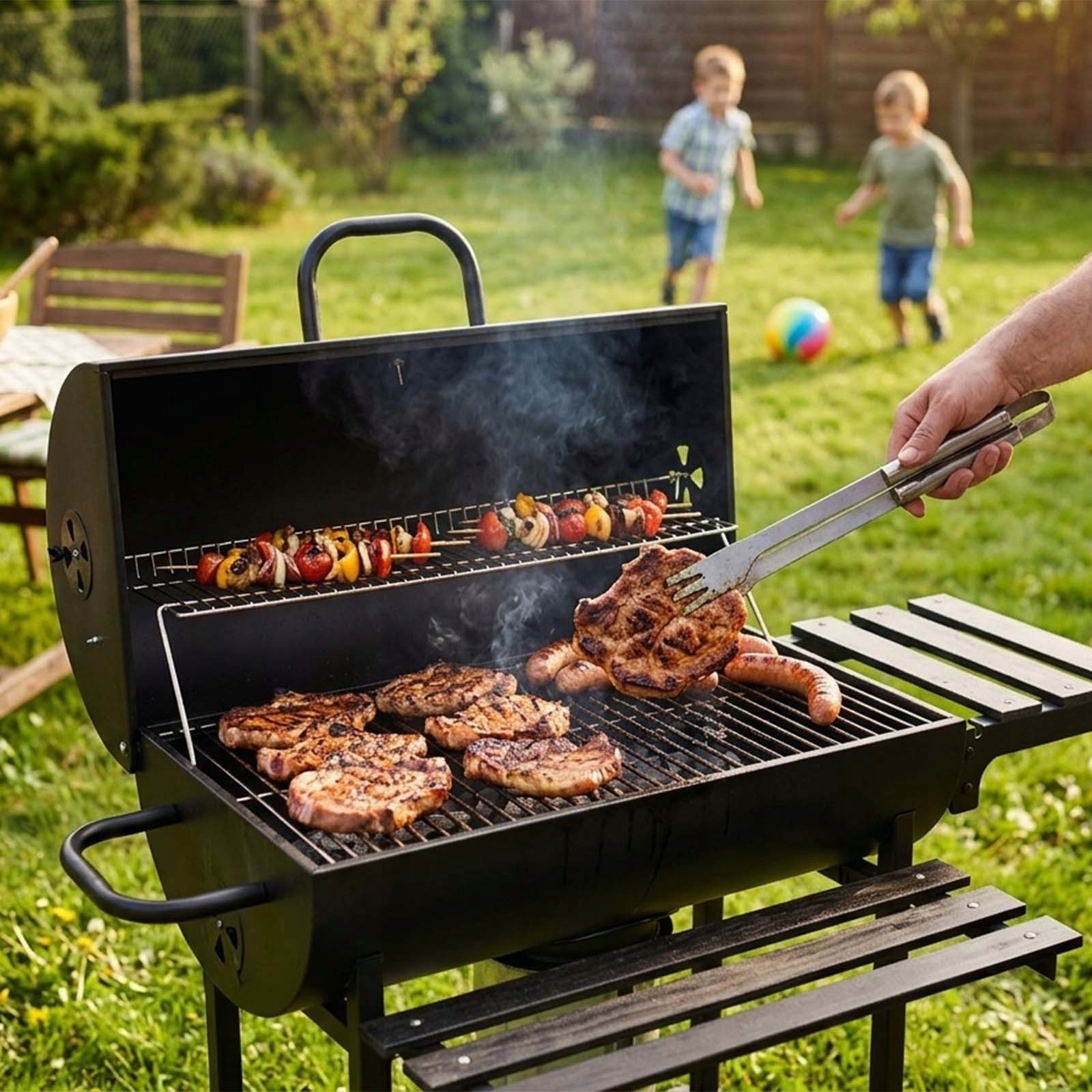 CHARCOAL GARDEN GRILL WITH LID LARGE WITH SHELVES ASHTRAY BLACK GRAND Manufacturer no brand