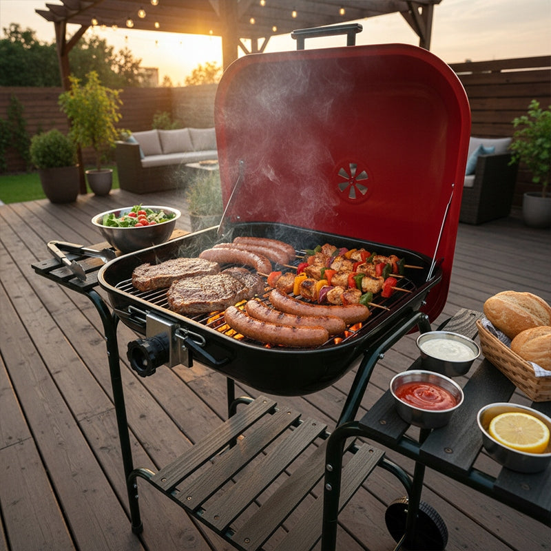 CHARCOAL GARDEN GRILL WITH LID RED BLACK GRATE HEIGHT ADJUSTMENT Grill height 97 cm