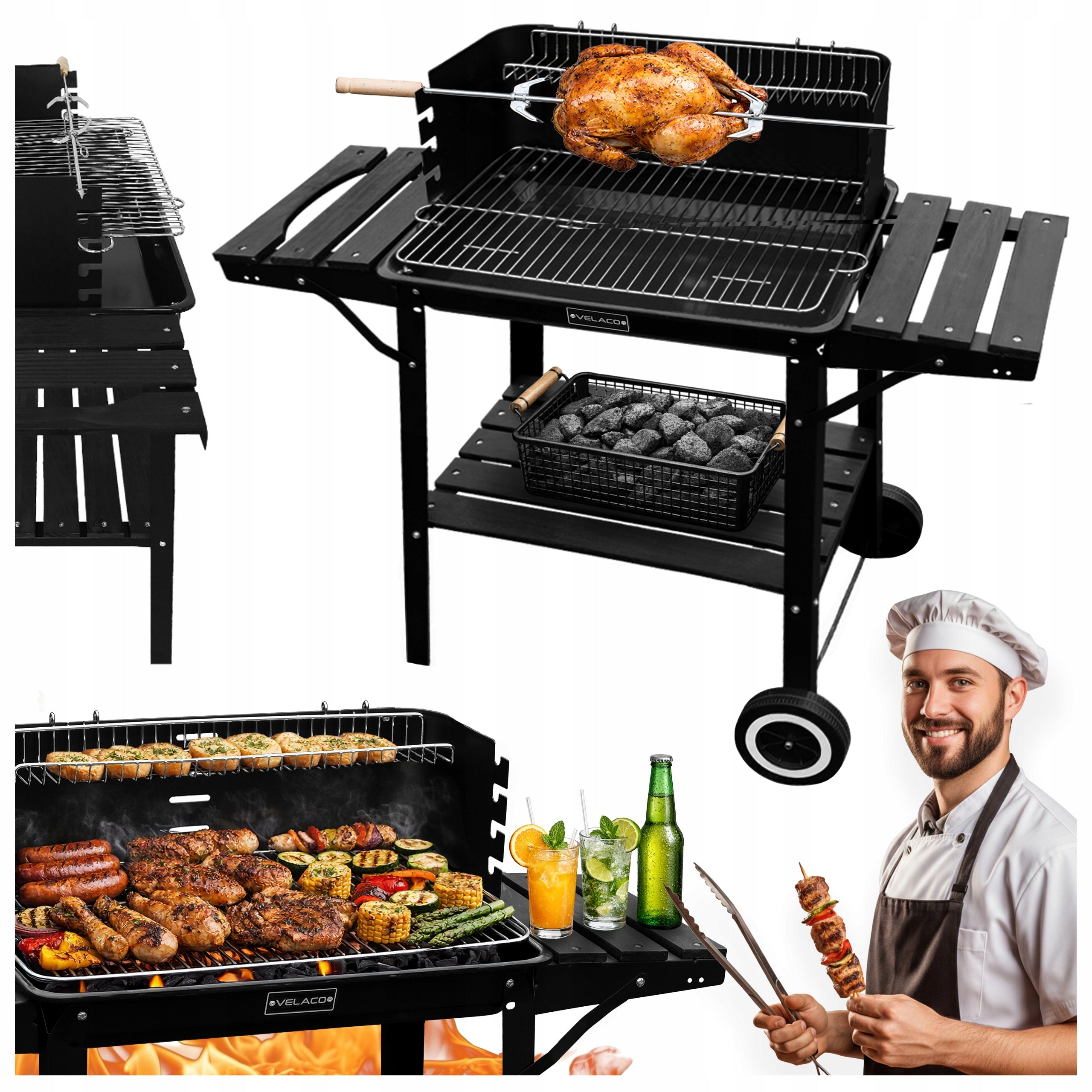 CHARCOAL GRILL BLACK FOR GARDEN LARGE GRATE STEEL CIRCLES + CHICKEN SPIT