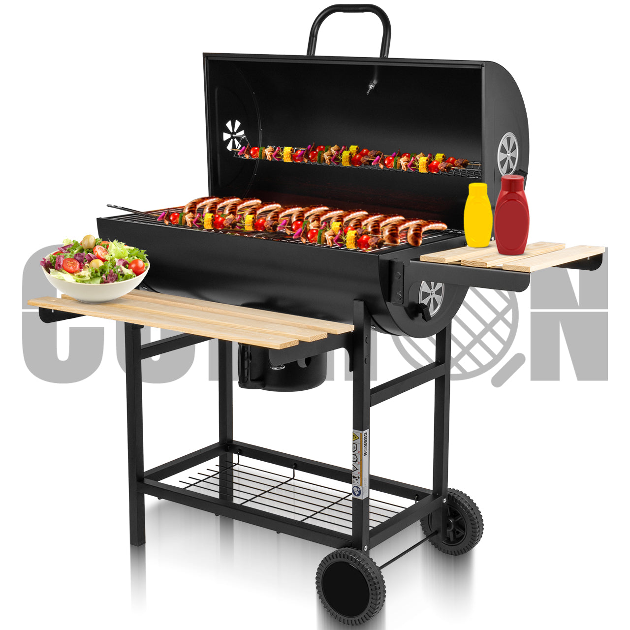 CHARCOAL GRILL GARDEN BARREL 3 CHROME GRATES ASHTRAY THERMOMETER WHEELS Manufacturer MalTec