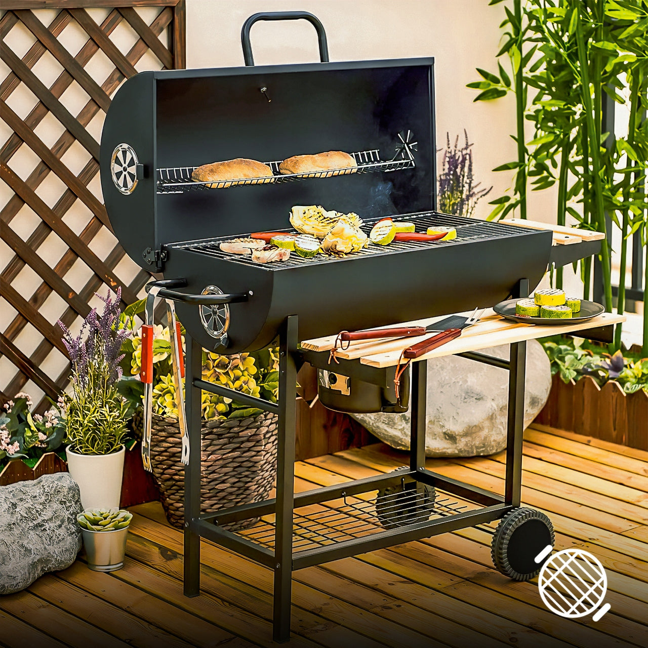 CHARCOAL GRILL GARDEN BARREL 3 CHROME GRATES ASHTRAY THERMOMETER WHEELS Manufacturer code GM2020