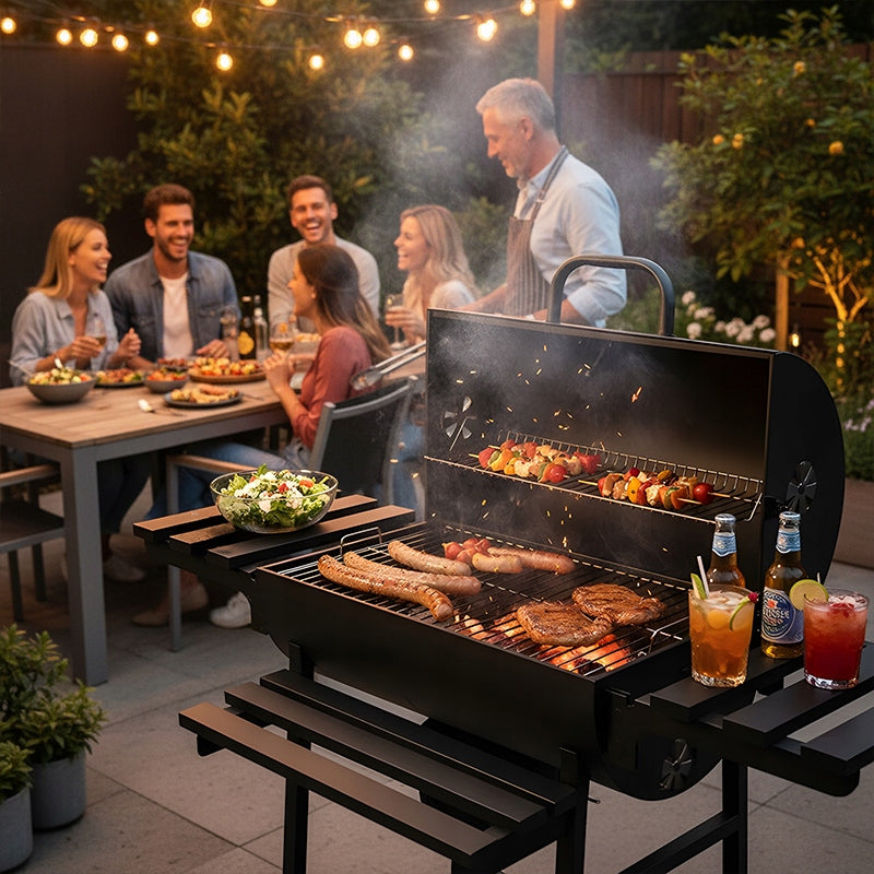 CHARCOAL GRILL GARDEN BARREL LARGE LOCKABLE 2 GRATES ASHTRAY 3 GRILL TOPS Packaging status original