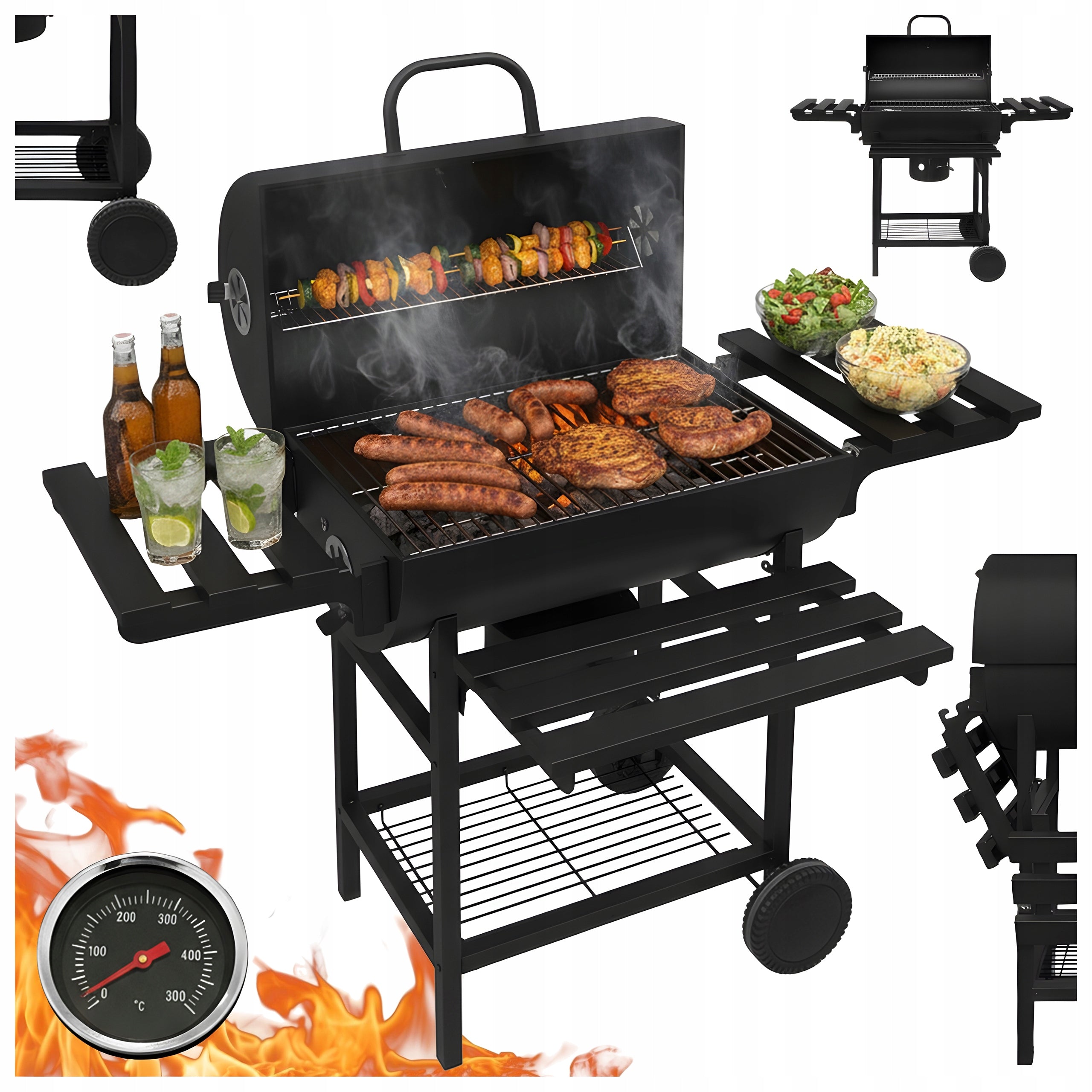 CHARCOAL GRILL GARDEN BARREL LARGE LOCKABLE 2 GRATES ASHTRAY 3 GRILL TOPS