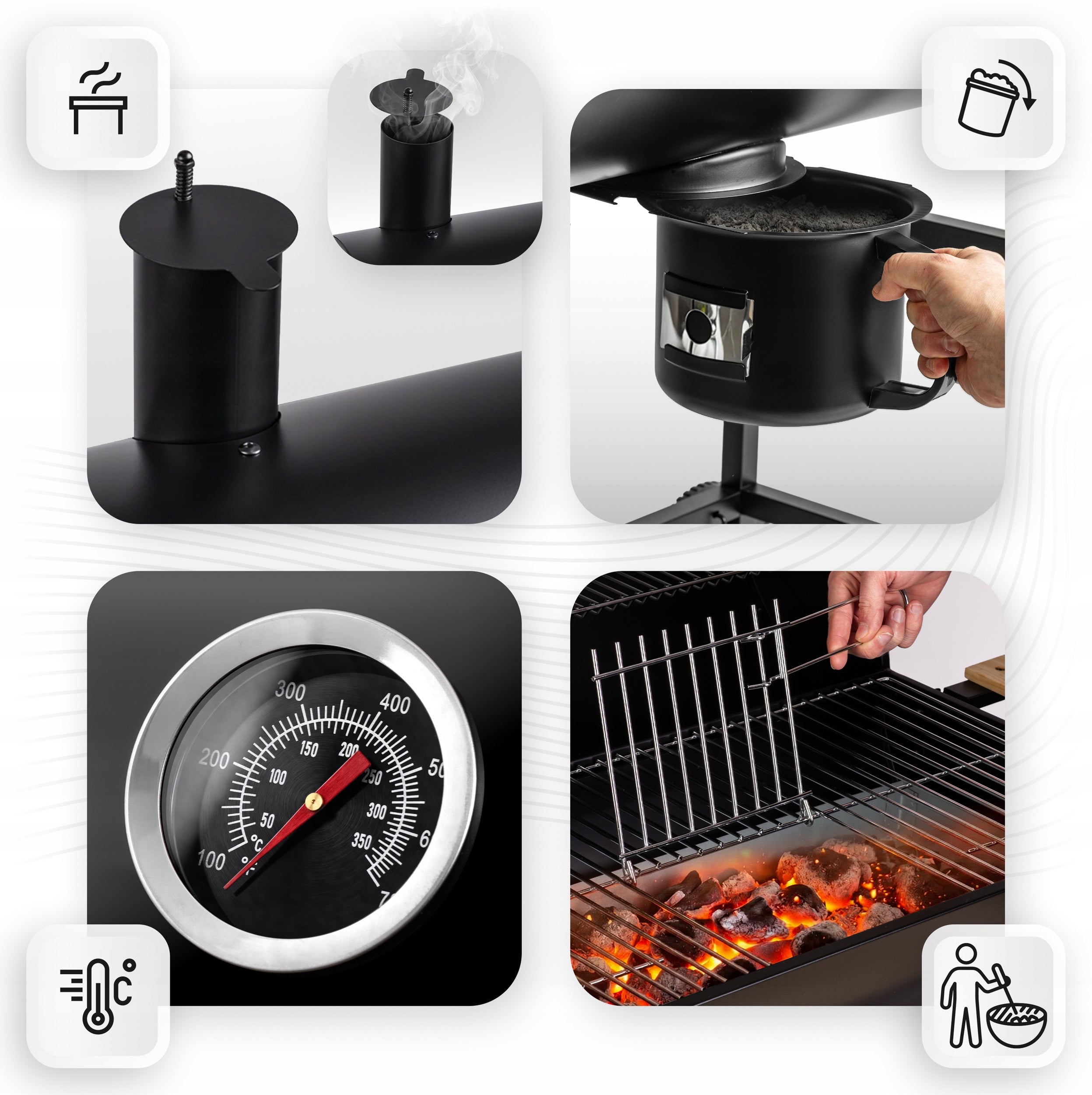 CHARCOAL GRILL GARDEN BARREL WITH CHIMNEY XXL SHELVES + THERMOMETER + ASHTRAY Grill width 111 cm