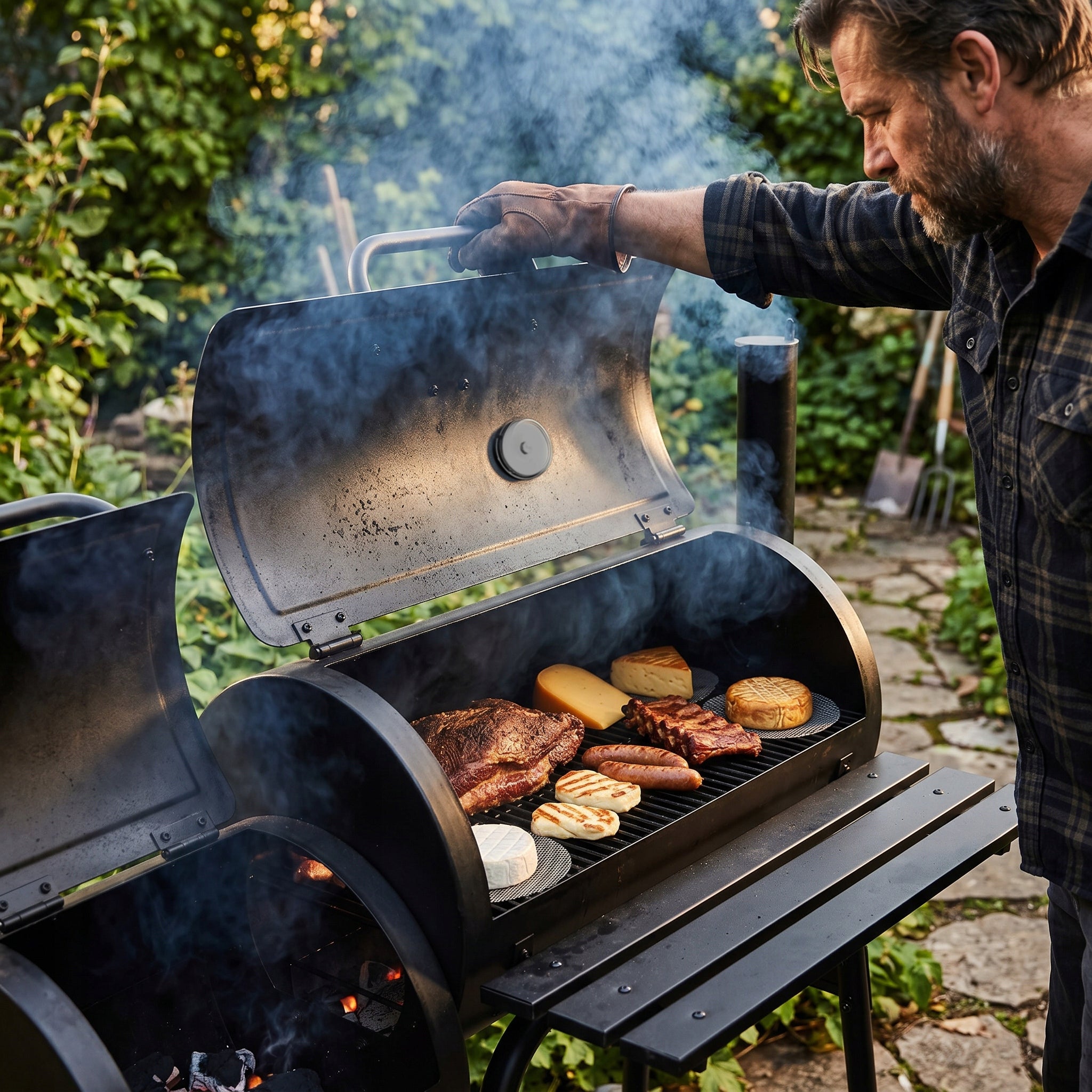 CHARCOAL GRILL GARDEN BARREL WITH SMOKEHOUSE THERMOMETER LARGE GRATE SHELF CHIMNEY Grill width 106.5 cm
