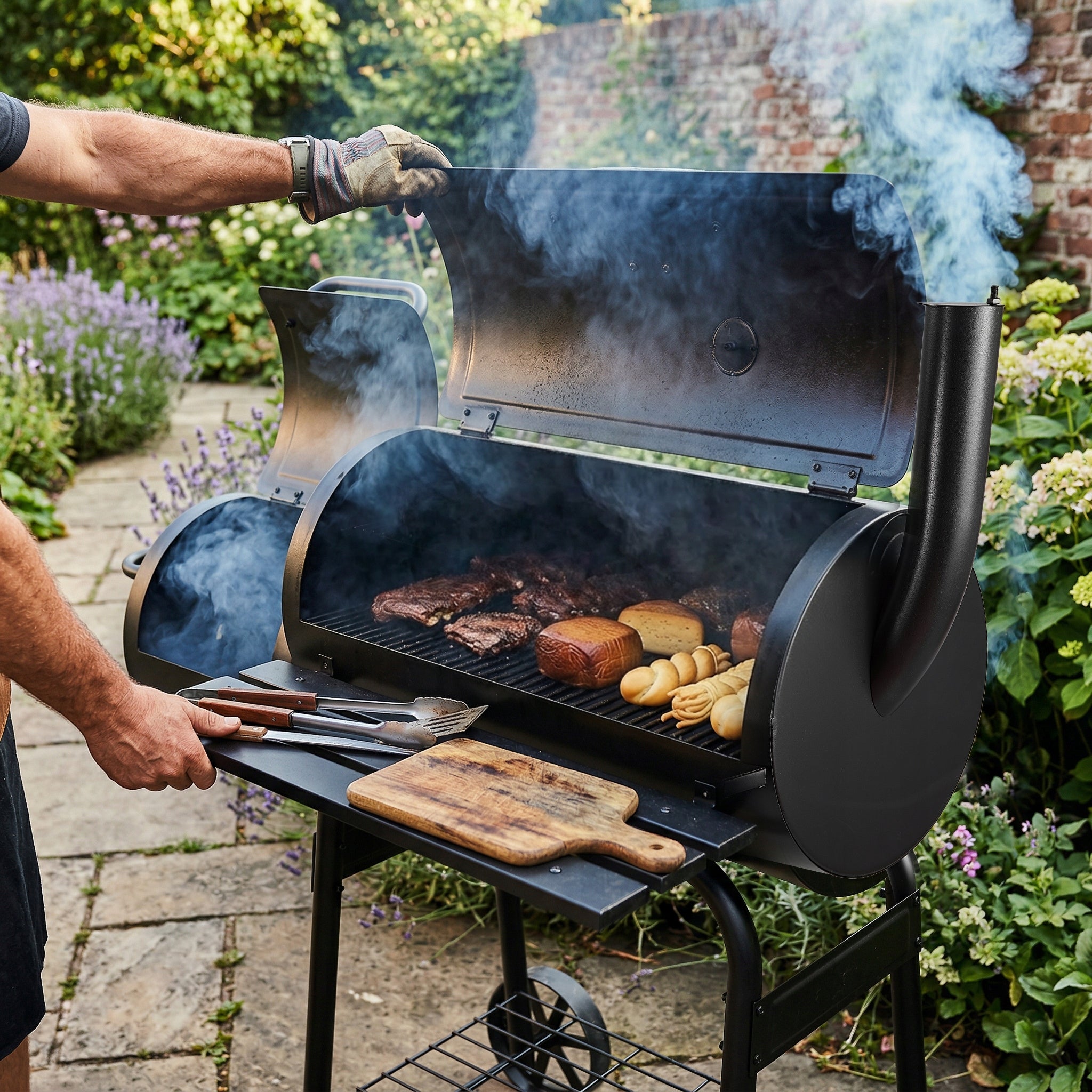 CHARCOAL GRILL GARDEN BARREL WITH SMOKEHOUSE THERMOMETER LARGE GRATE SHELF CHIMNEY Manufacturer Lehmann