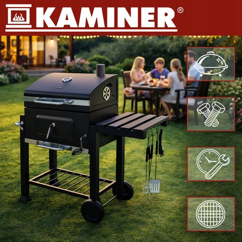 CHARCOAL GRILL GARDEN CAST IRON CHIMNEY COVER THERMOMETER ACCESSORY SET Grate length 56.9 cm