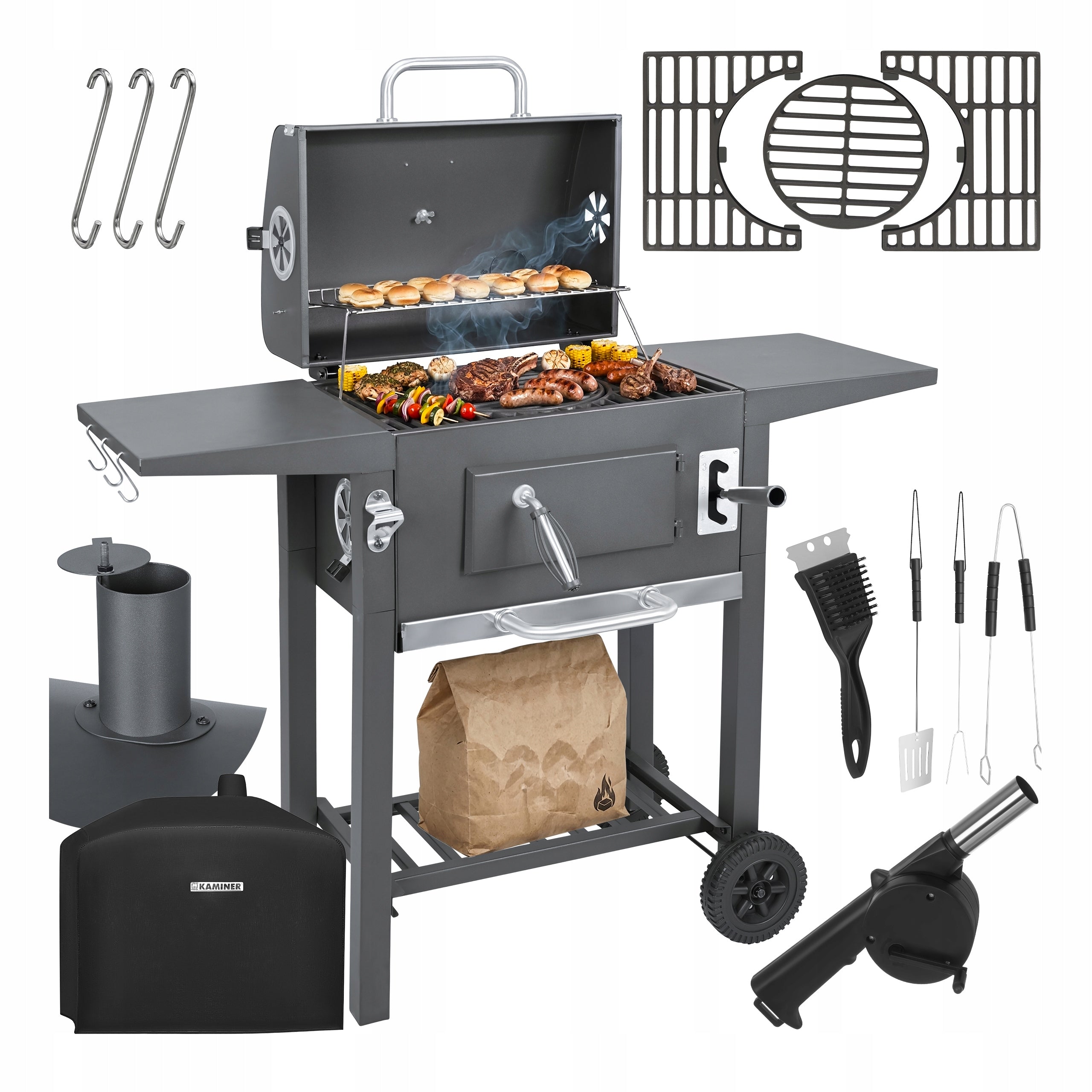 CHARCOAL GRILL GARDEN CAST IRON CHIMNEY COVER THERMOMETER ACCESSORY SET