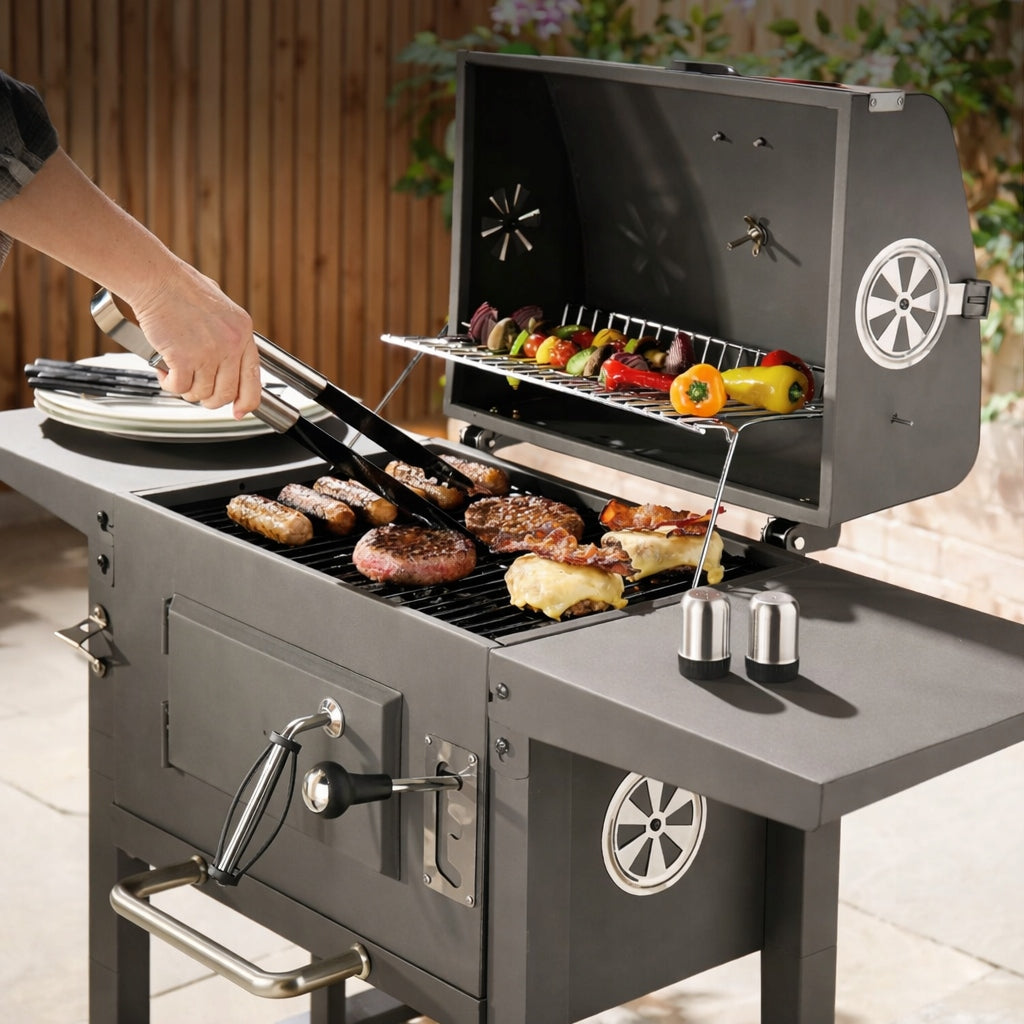 CHARCOAL GRILL GARDEN CAST IRON GRATE WITH ASHTRAY COVER + THERMOMETER Manufacturer code DUŻY GRILL WĘGLOWY ZESTAW PODPAŁKA