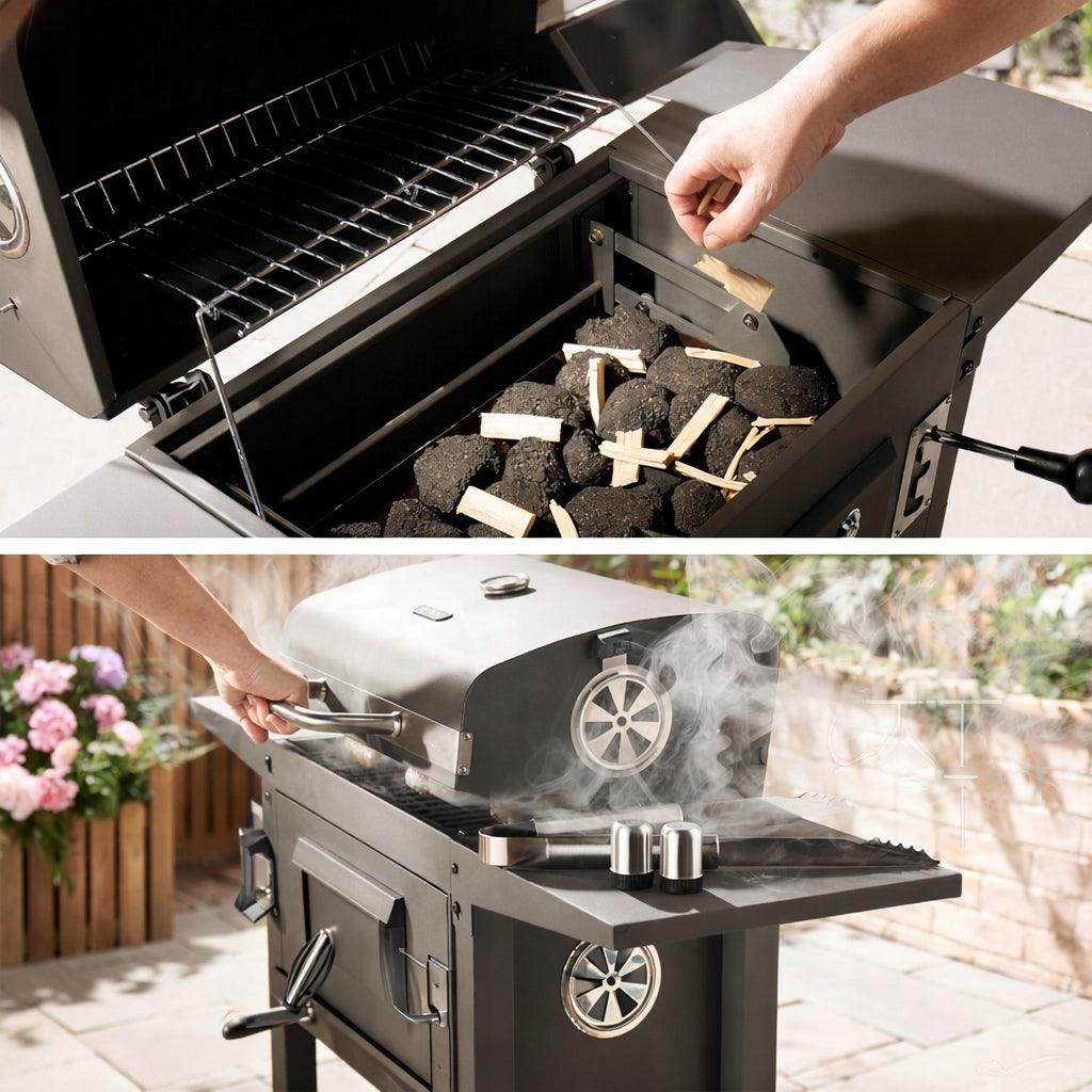 CHARCOAL GRILL GARDEN CAST IRON GRATE WITH ASHTRAY COVER + THERMOMETER Manufacturer no brand