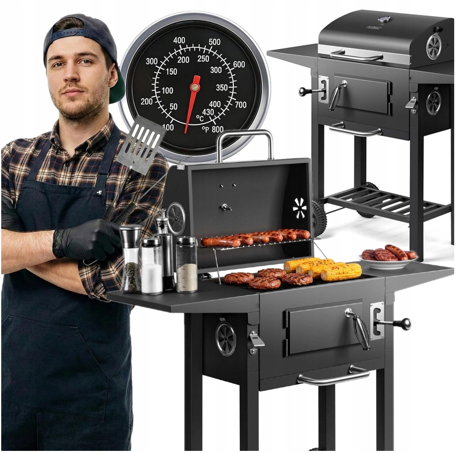 CHARCOAL GRILL GARDEN CAST IRON GRATE WITH ASHTRAY COVER + THERMOMETER