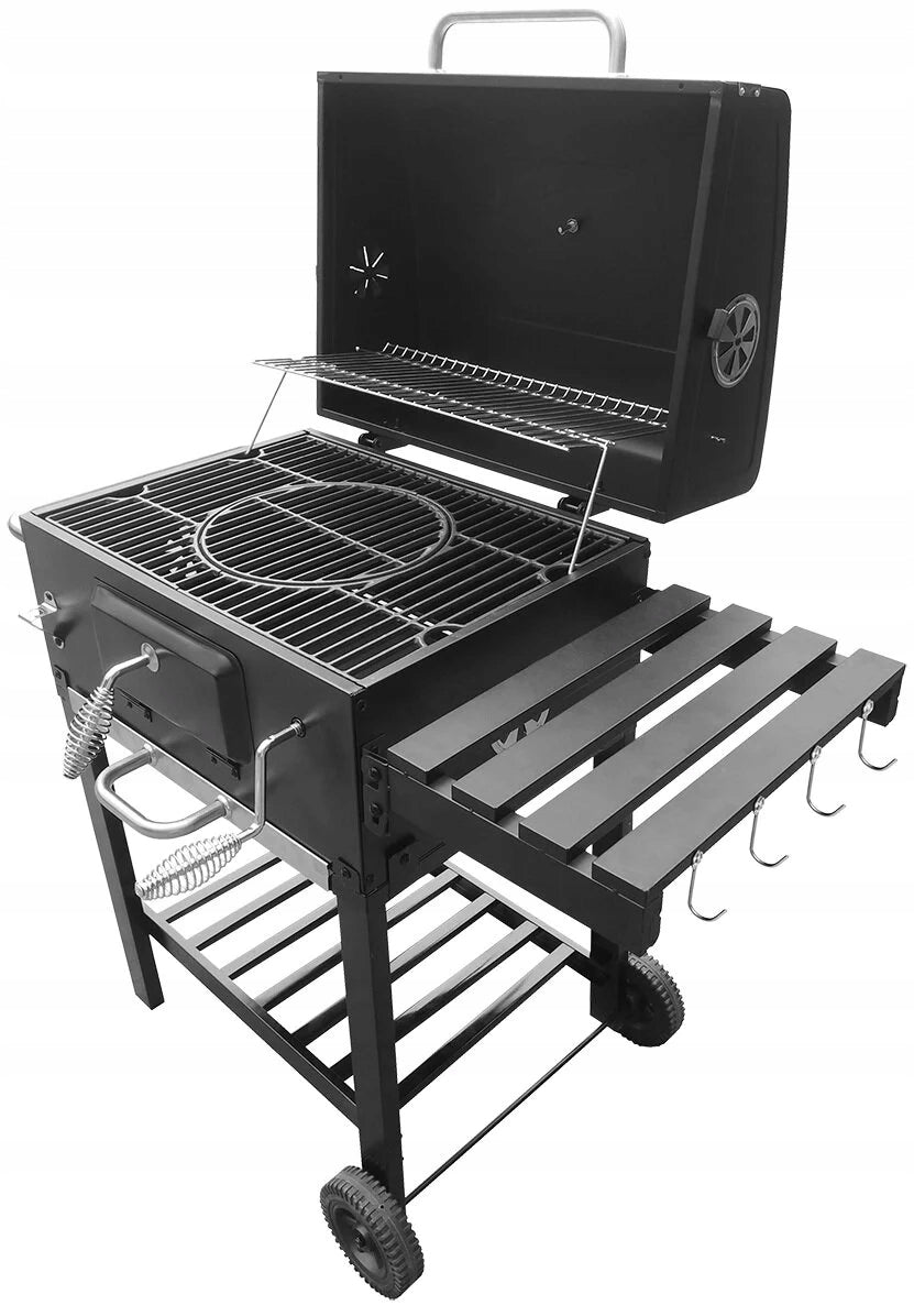 CHARCOAL GRILL GARDEN CAST IRON GRATE WITH LID ASHTRAY+THERMOMETER 58x42 cm Packaging status original