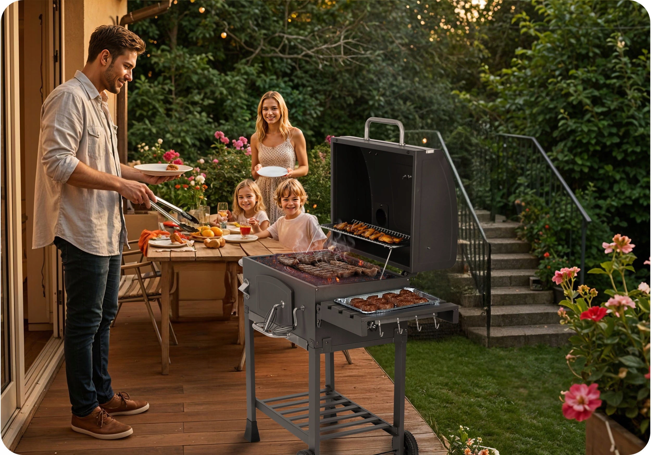 CHARCOAL GRILL GARDEN CHIMNEY CAST IRON GRATE 57 x 43cm + THERMOMETER LARGE Grate length 57 cm