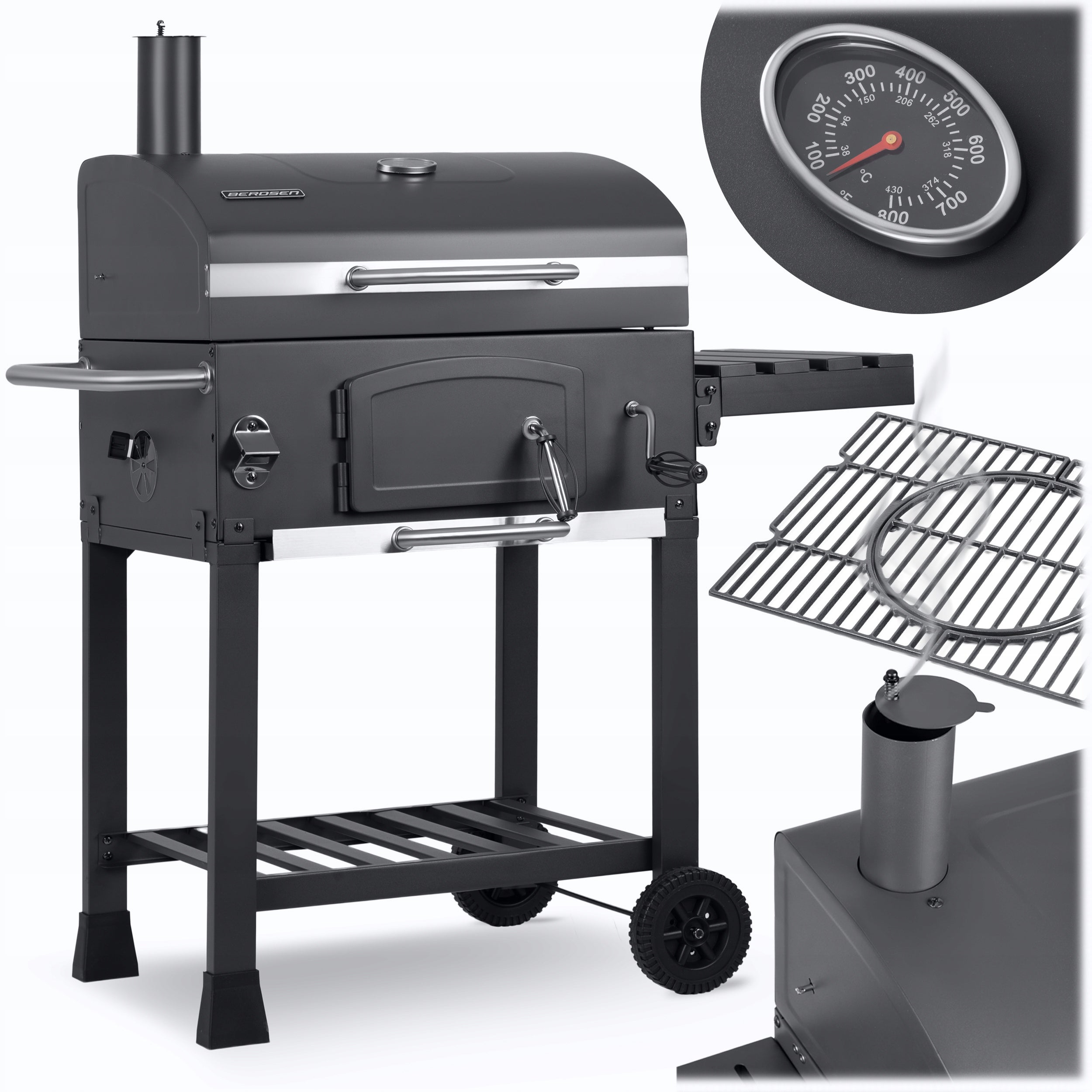 CHARCOAL GRILL GARDEN CHIMNEY CAST IRON GRATE 57 x 43cm + THERMOMETER LARGE