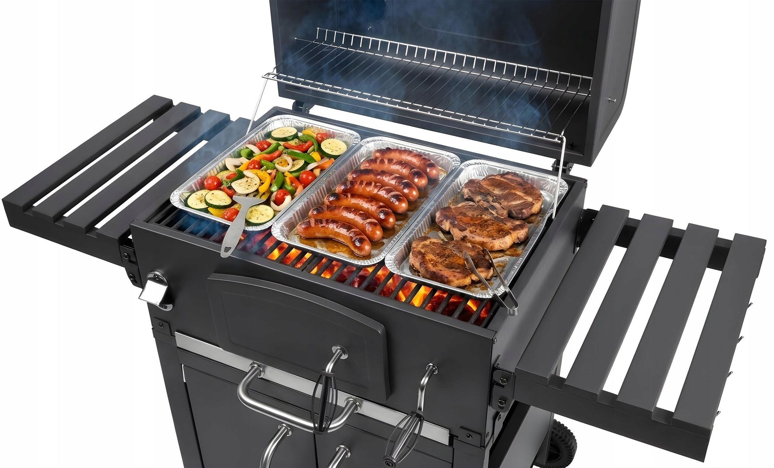 CHARCOAL GRILL GARDEN CHIMNEY CAST IRON GRATE WITH ASHTRAY COVER + THERMOMETER Grill depth 67 cm