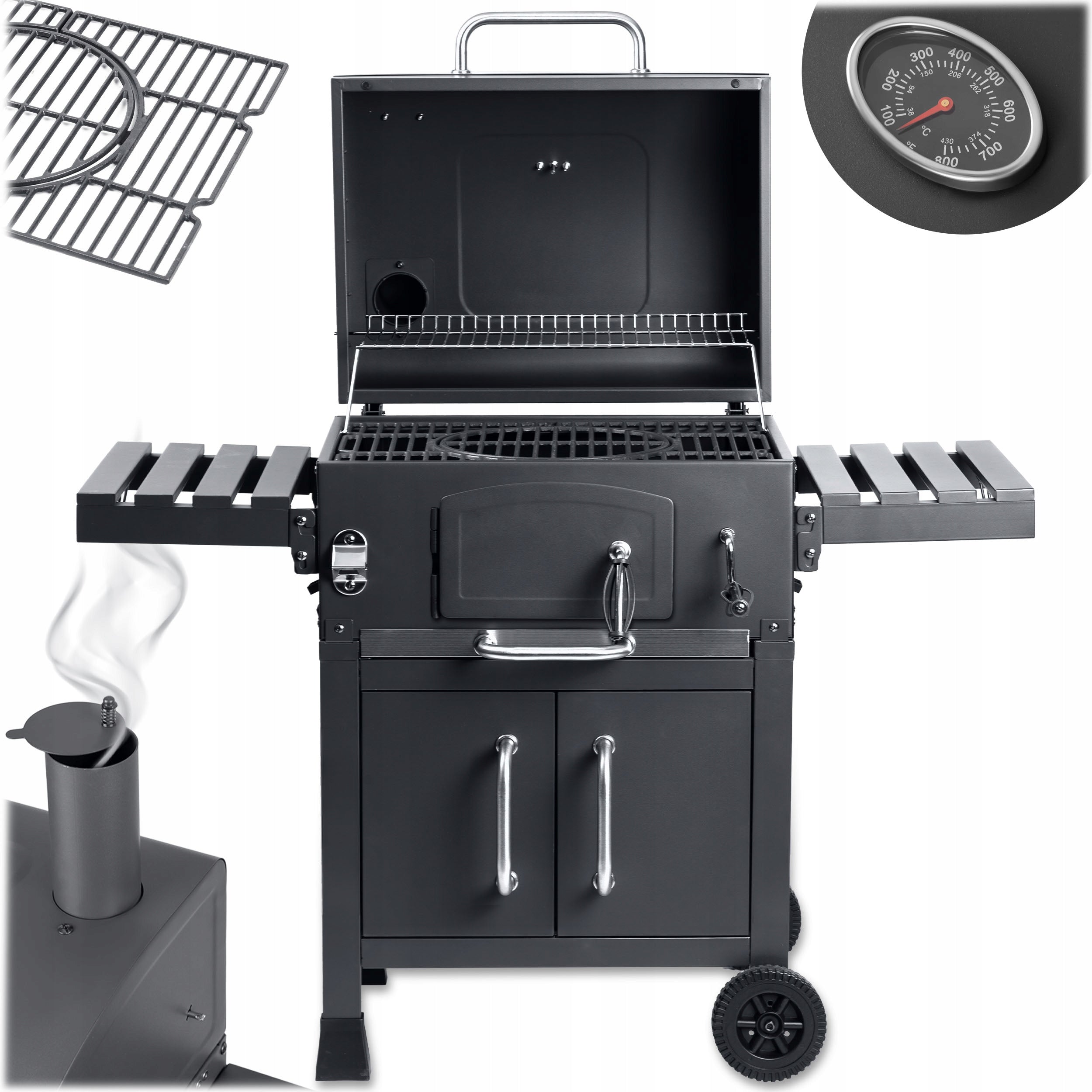 CHARCOAL GRILL GARDEN CHIMNEY CAST IRON GRATE WITH ASHTRAY COVER + THERMOMETER