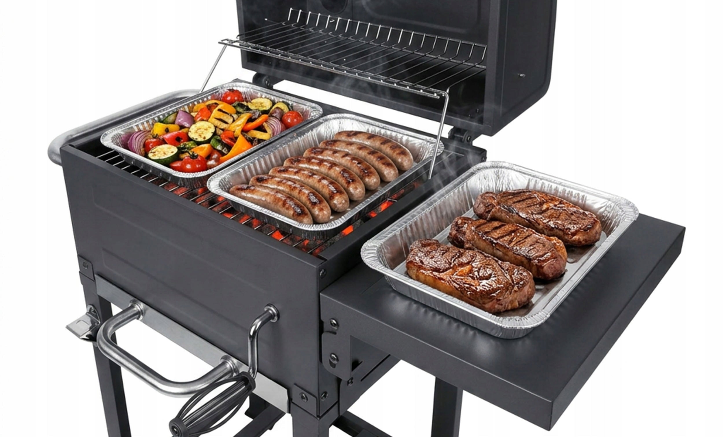 CHARCOAL GRILL GARDEN CHIMNEY STEEL GRATE 40 x 31,5 cm LARGE + THERMOMETER Grill depth 57 cm
