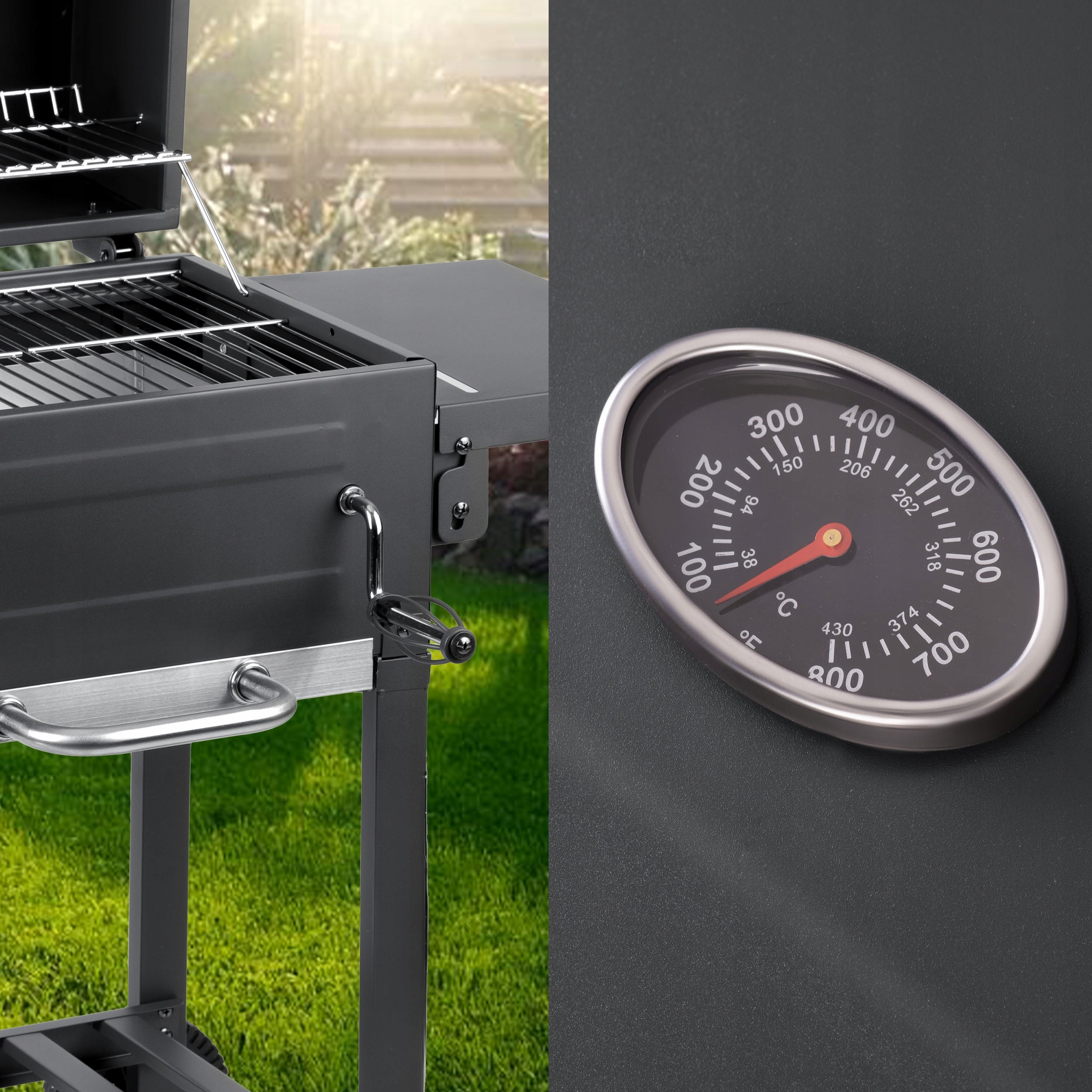 CHARCOAL GRILL GARDEN CHIMNEY STEEL GRATE 40 x 31,5 cm LARGE + THERMOMETER Manufacturer code 389400