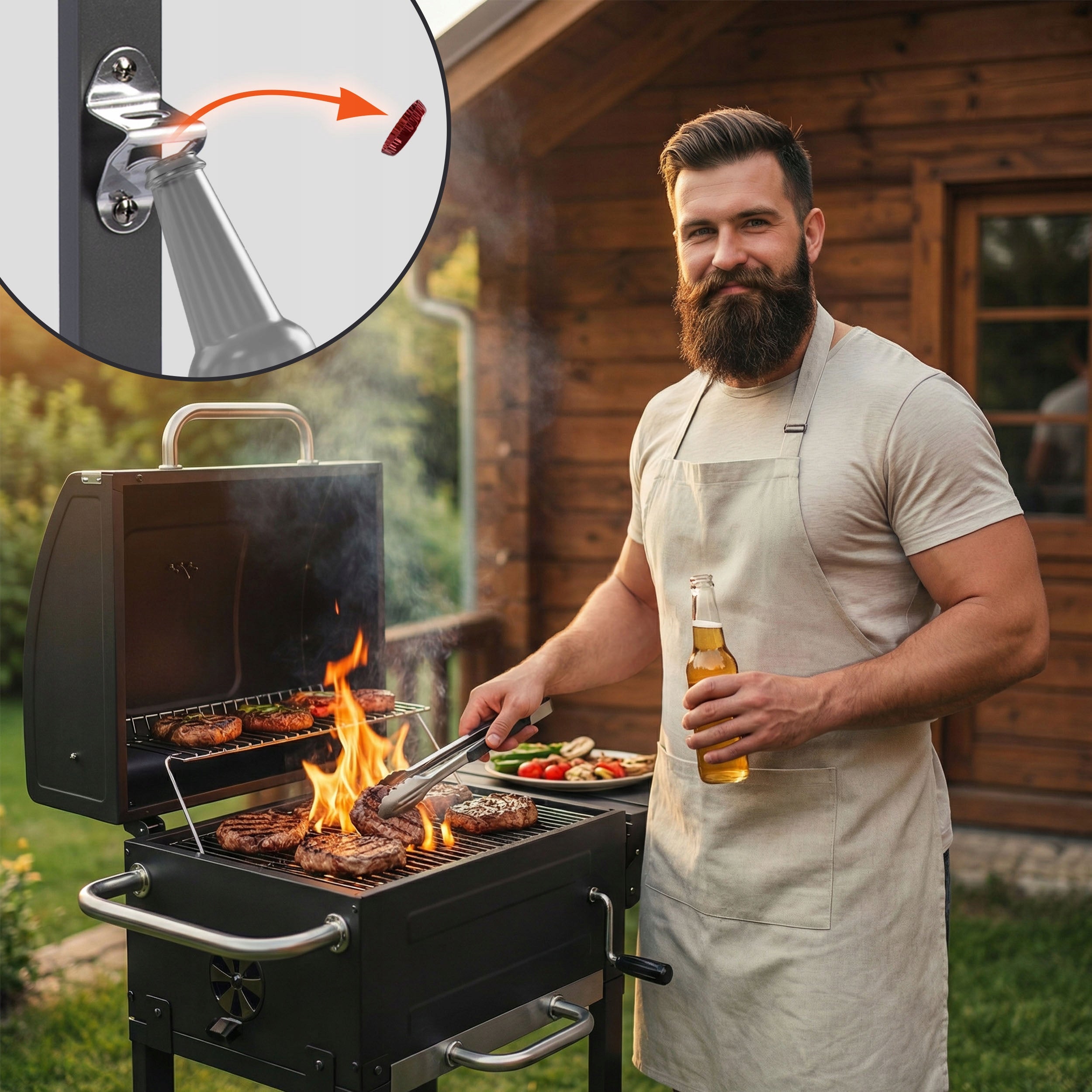 CHARCOAL GRILL GARDEN CHIMNEY STEEL GRATE 40 x 31,5 cm LARGE + THERMOMETER Packaging status original