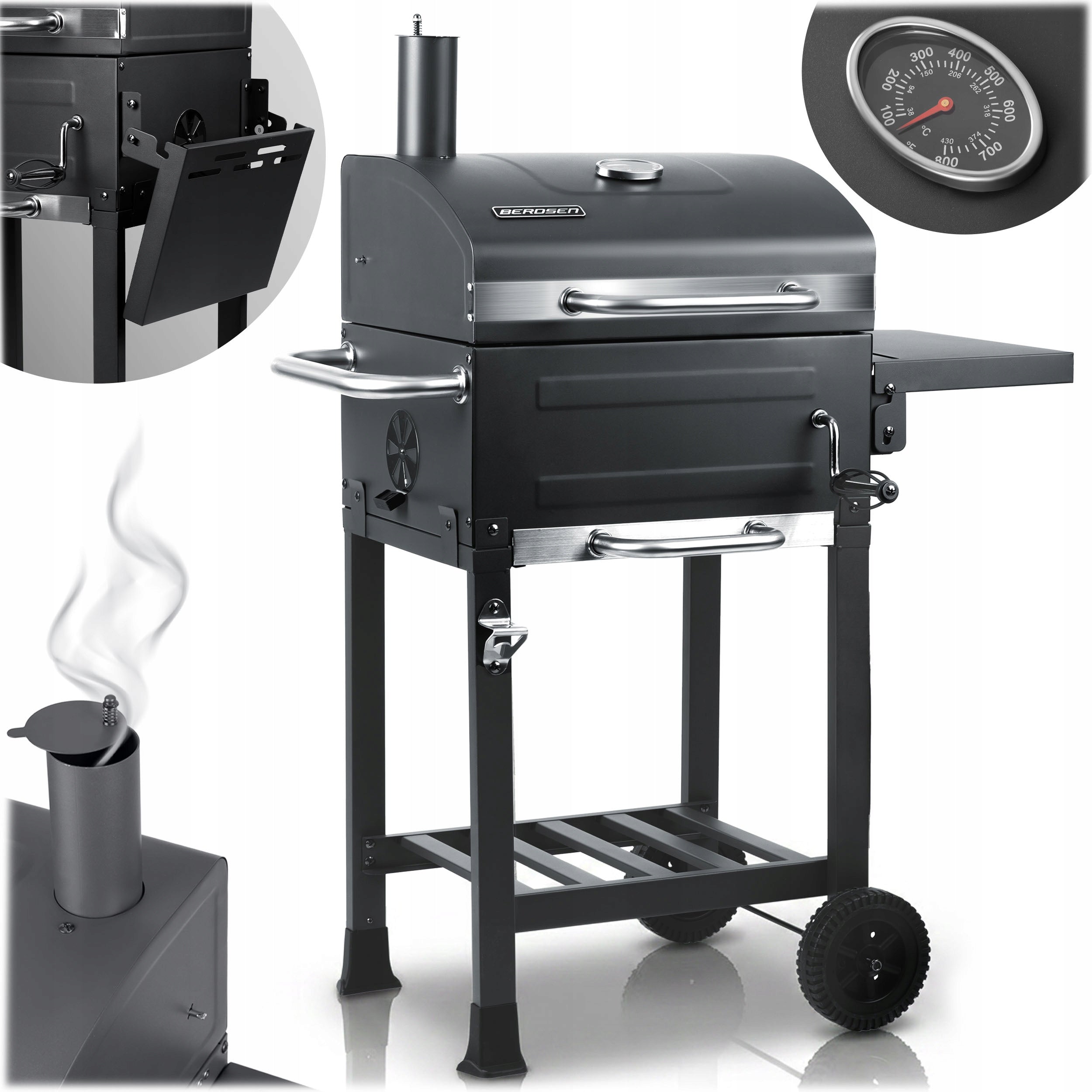 CHARCOAL GRILL GARDEN CHIMNEY STEEL GRATE 40 x 31,5 cm LARGE + THERMOMETER