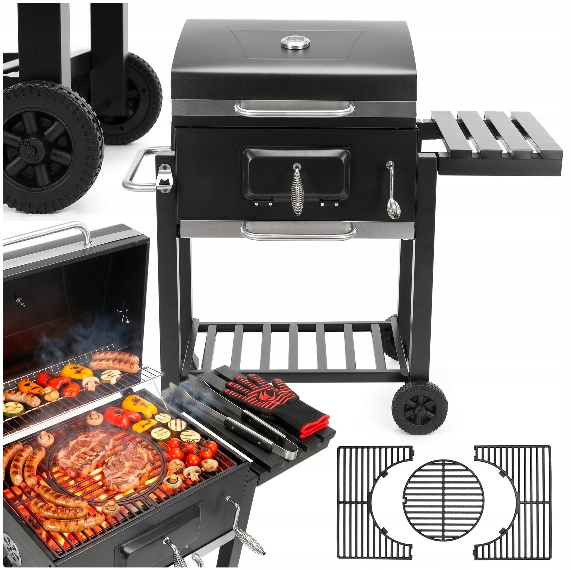 CHARCOAL GRILL GARDEN ENAMEL GRATE WITH COVER ASHTRAY +THERMOMETER XXL Grate length 57.5 cm