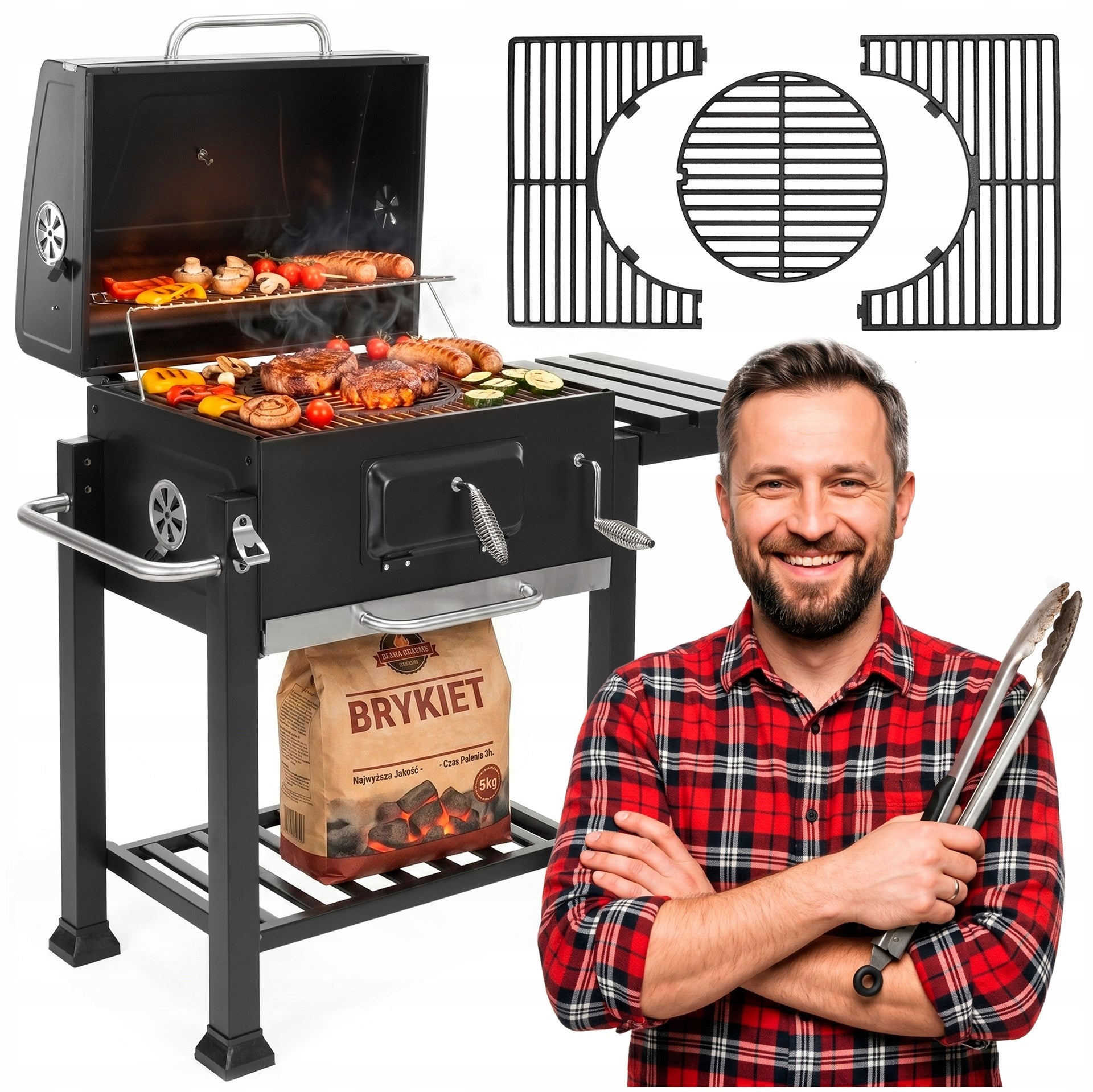 CHARCOAL GRILL GARDEN ENAMEL GRATE WITH COVER ASHTRAY +THERMOMETER XXL Grill depth 52 cm