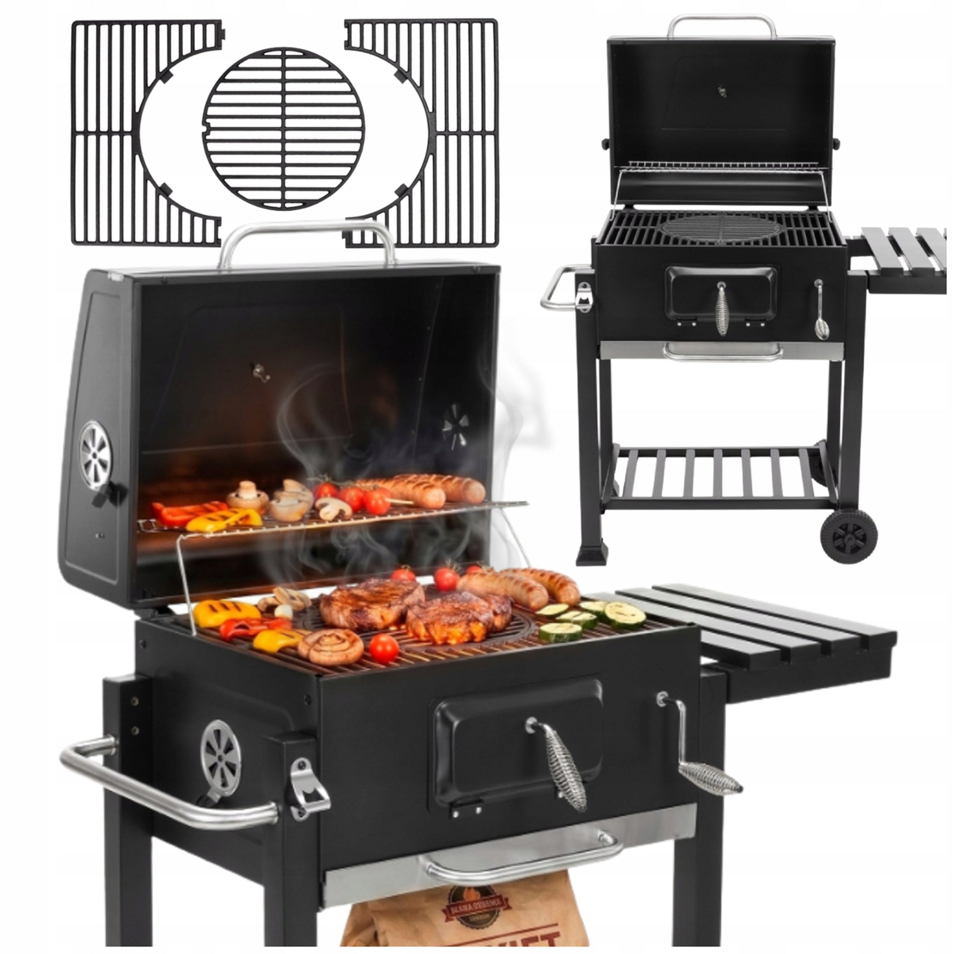 CHARCOAL GRILL GARDEN ENAMEL GRATE WITH COVER ASHTRAY +THERMOMETER XXL