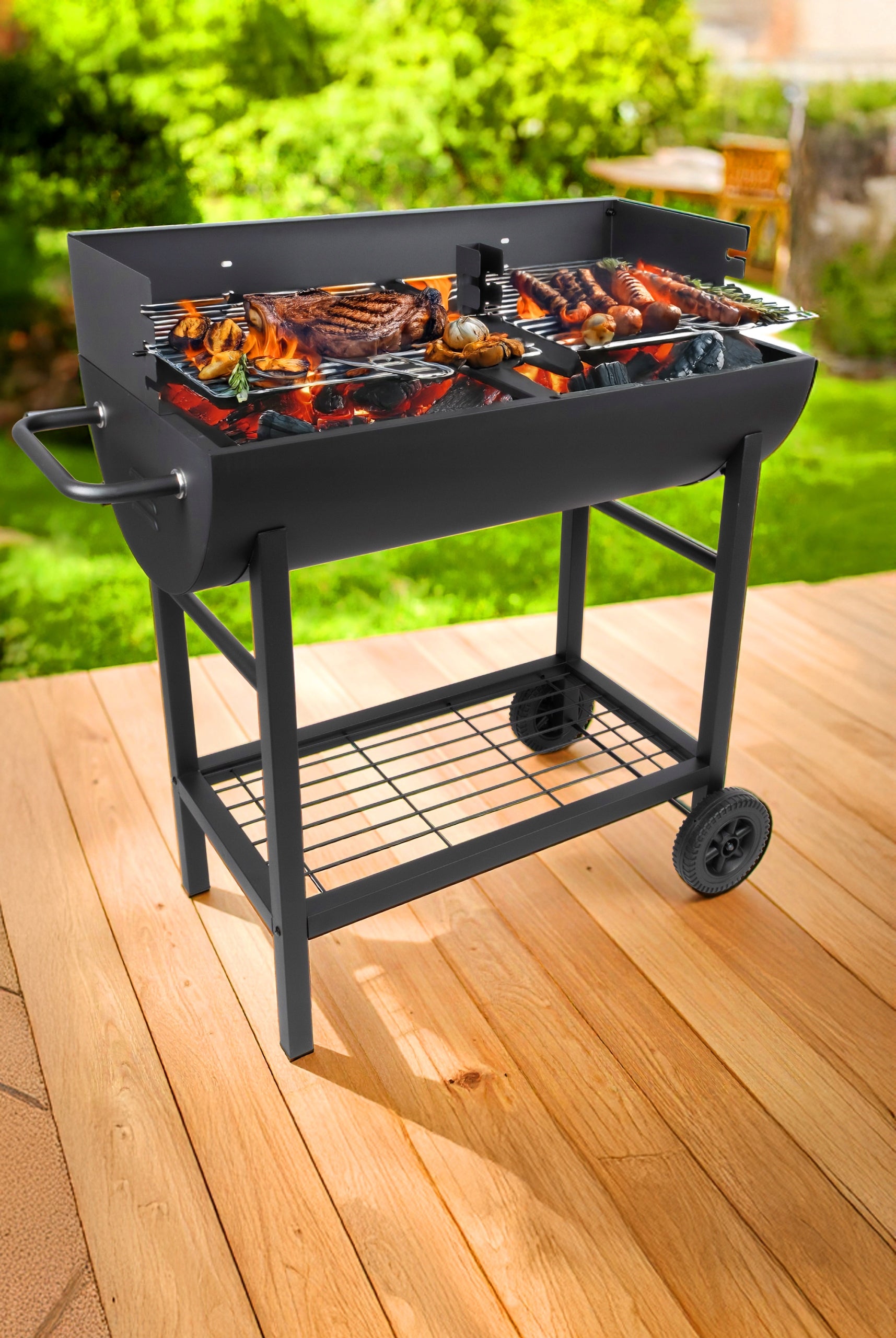 CHARCOAL GRILL GARDEN GRATE CHROME PLATED LARGE PORTABLE RECTANGULAR WHEELS Grill depth 43.5 cm