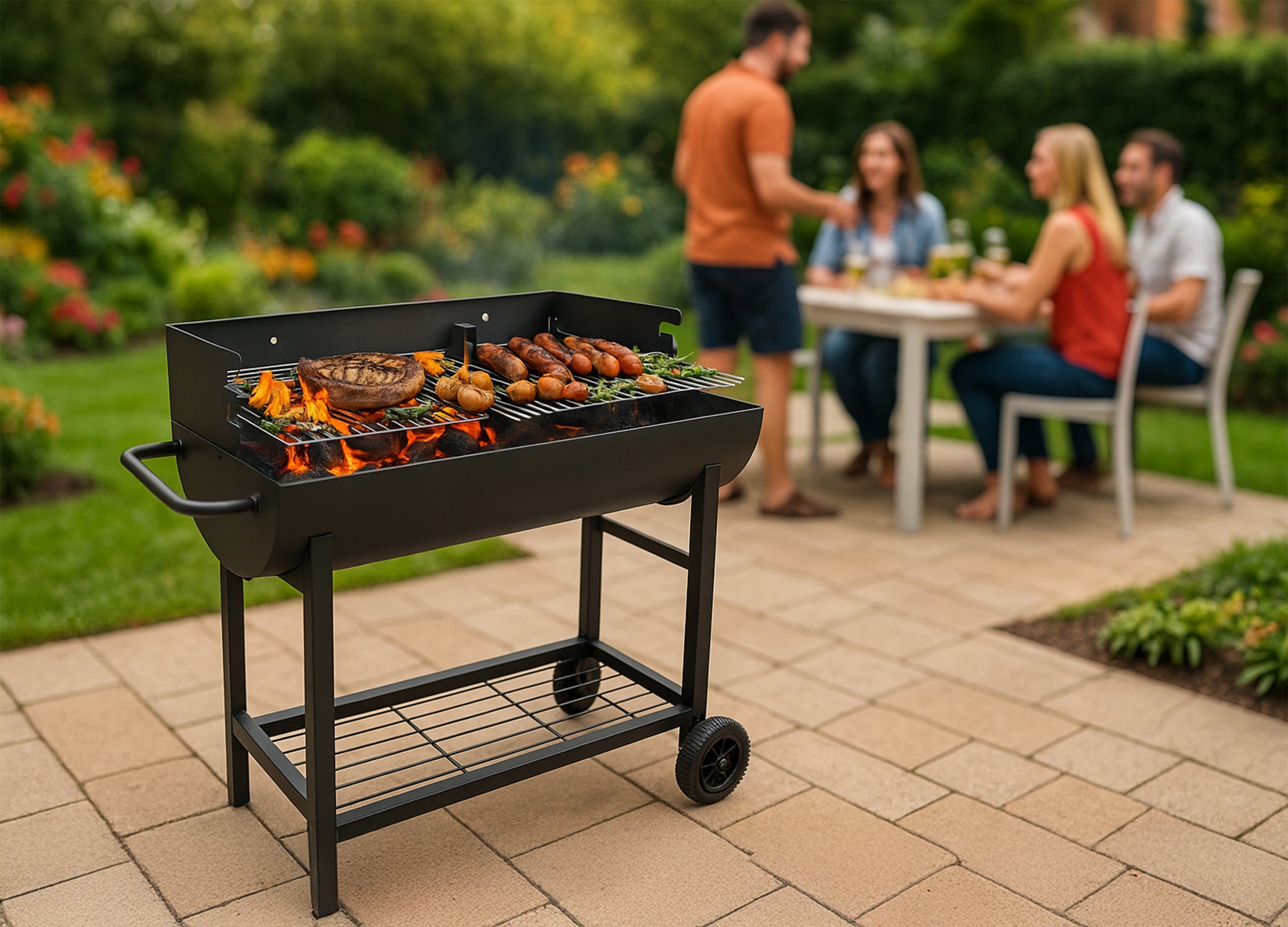 CHARCOAL GRILL GARDEN GRATE CHROME PLATED LARGE PORTABLE RECTANGULAR WHEELS Grill height 89 cm