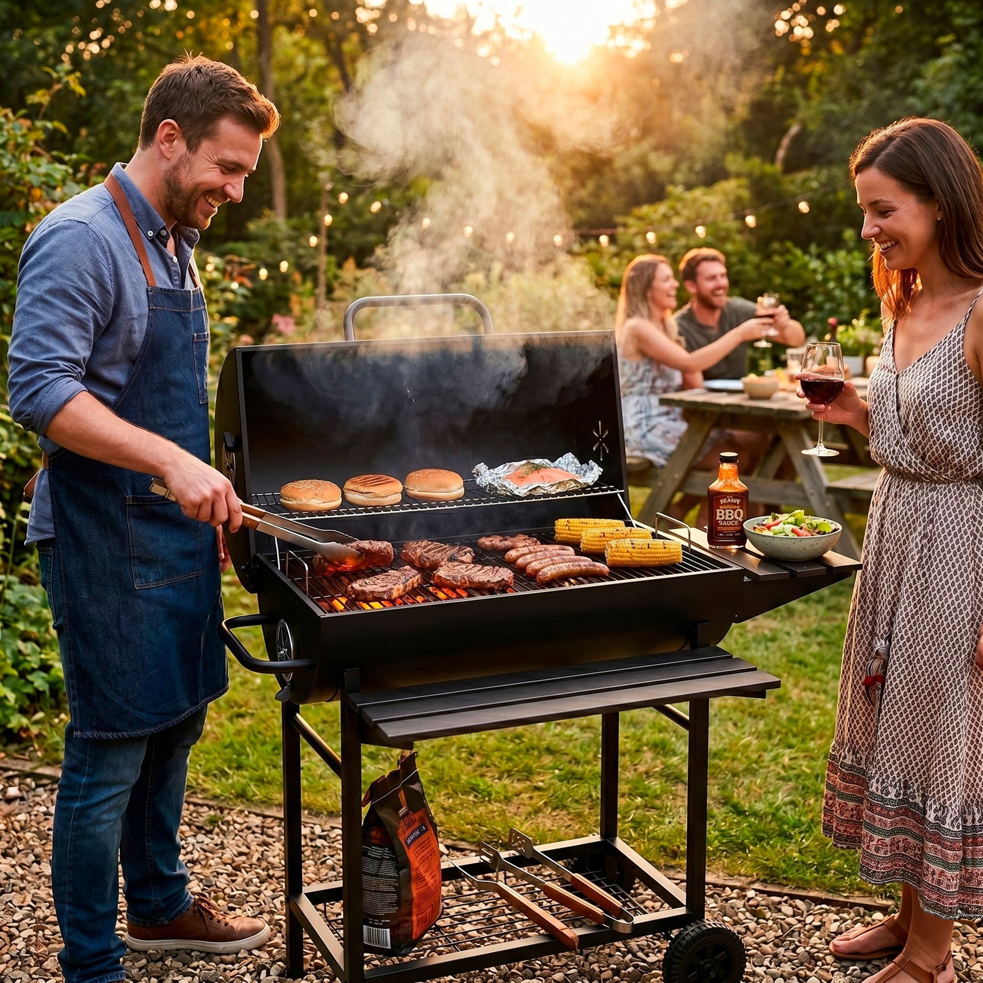 CHARCOAL GRILL GARDEN GRATE WITH LID BARREL THERMOMETER ON WHEELS LOCKABLE Packaging status original