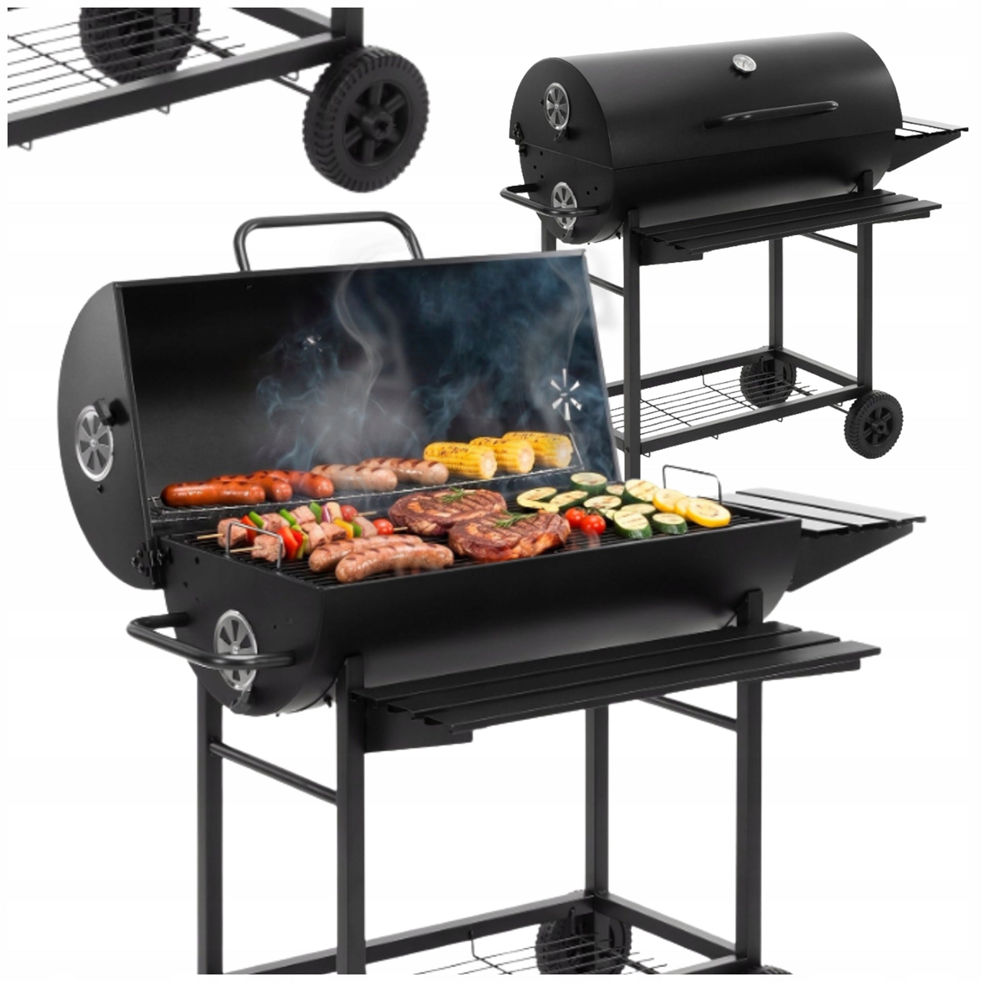 CHARCOAL GRILL GARDEN GRATE WITH LID BARREL THERMOMETER ON WHEELS LOCKABLE