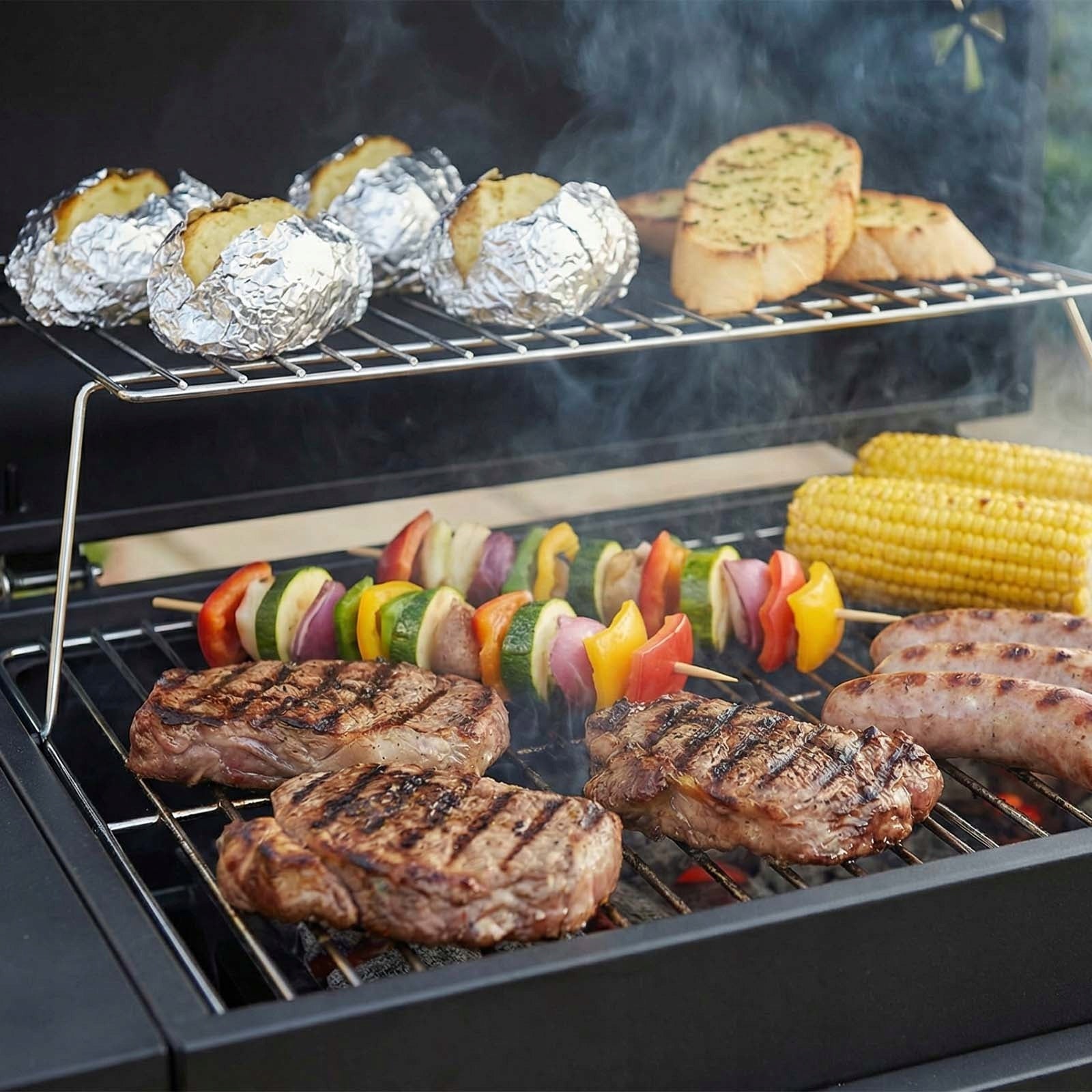 CHARCOAL GRILL GARDEN GRILL LARGE GRILL WITH LID WITH SHELVES BLACK PERU Grate length 45.5 cm
