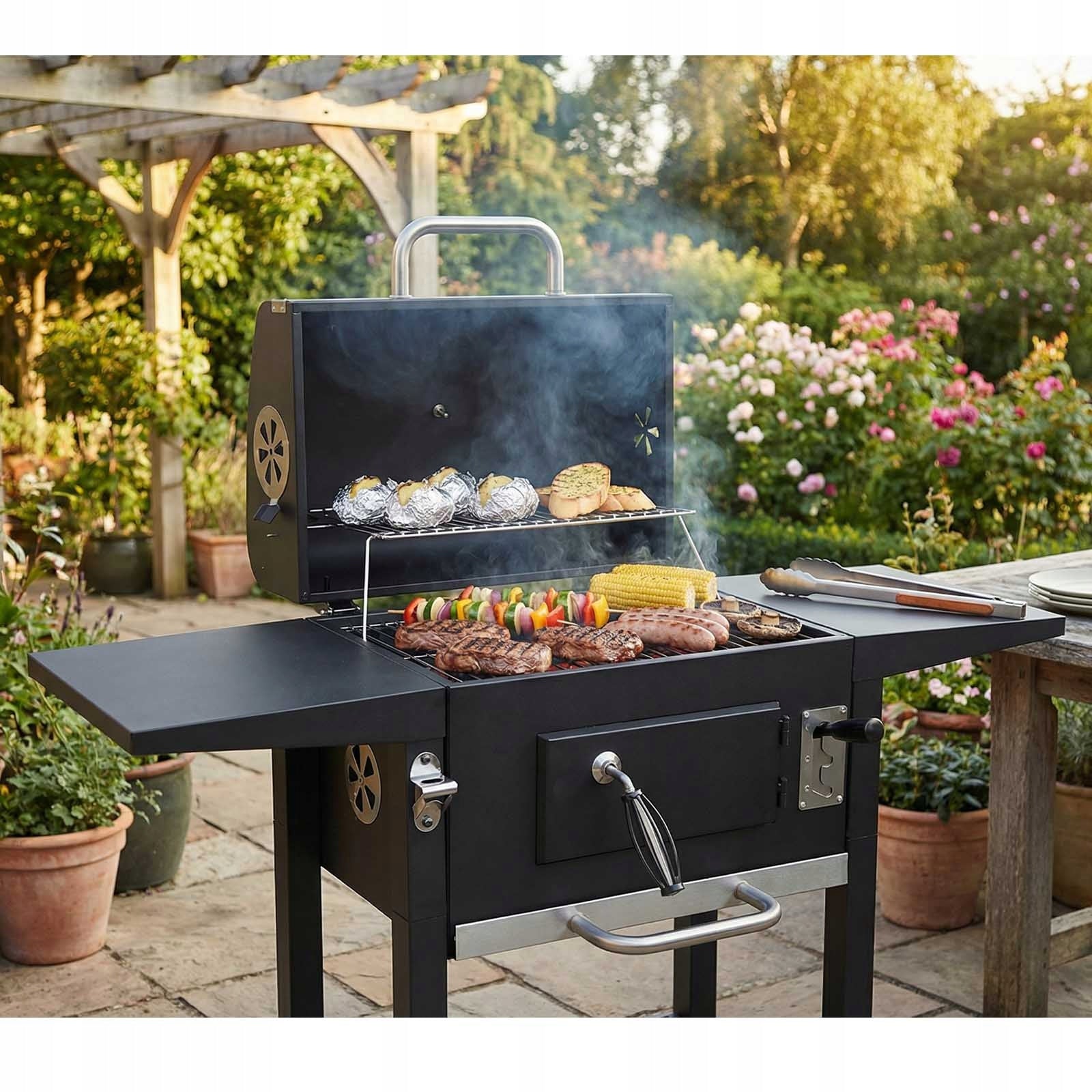 CHARCOAL GRILL GARDEN GRILL LARGE GRILL WITH LID WITH SHELVES BLACK PERU Grill depth 41.5 cm
