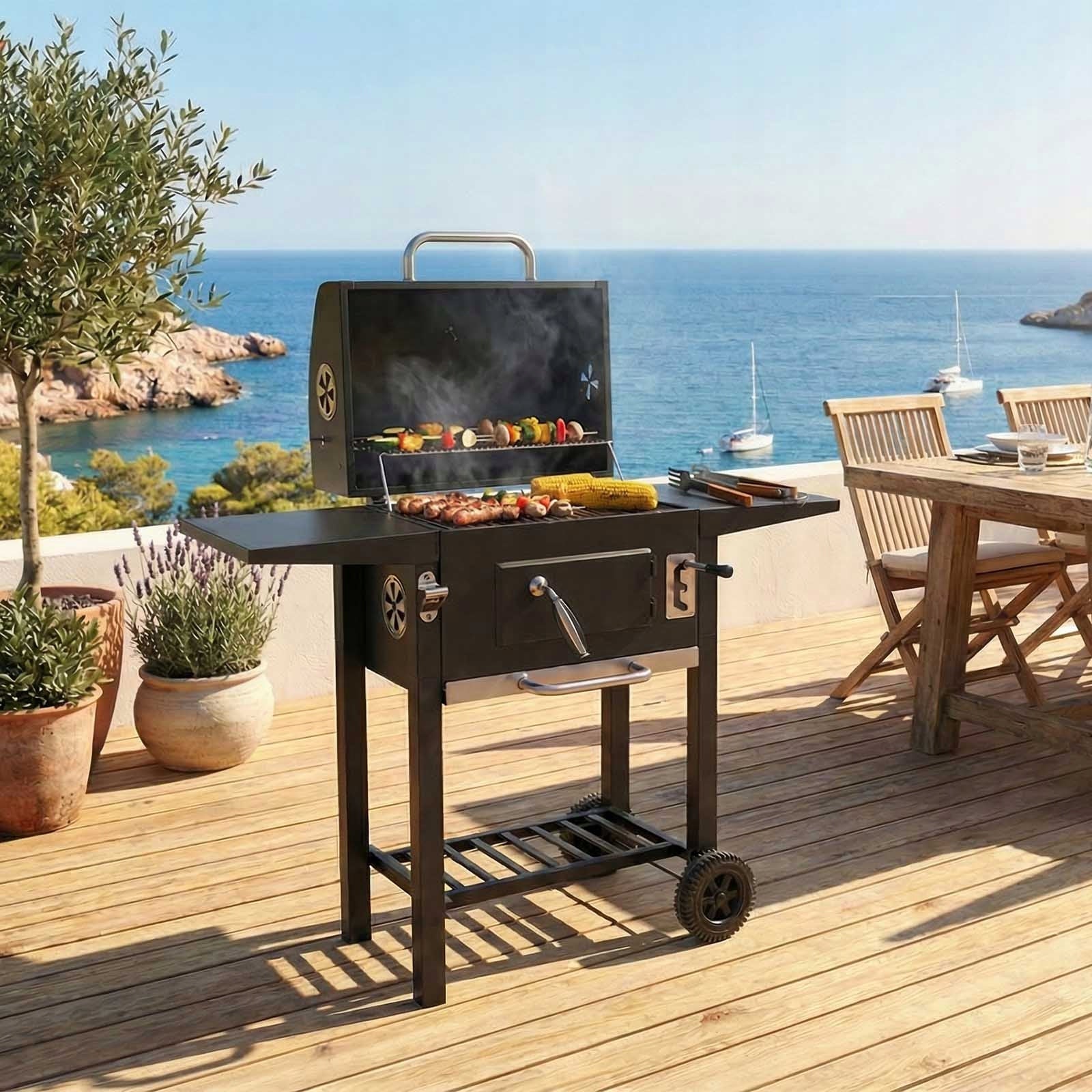 CHARCOAL GRILL GARDEN GRILL LARGE GRILL WITH LID WITH SHELVES BLACK PERU Manufacturer no brand