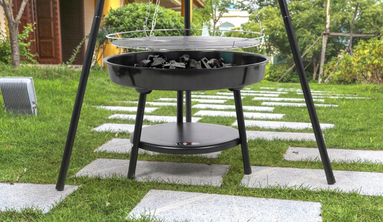 CHARCOAL GRILL GARDEN TRIPOD HEARTH CHROME HANGING GRATE 46CM Packaging status original