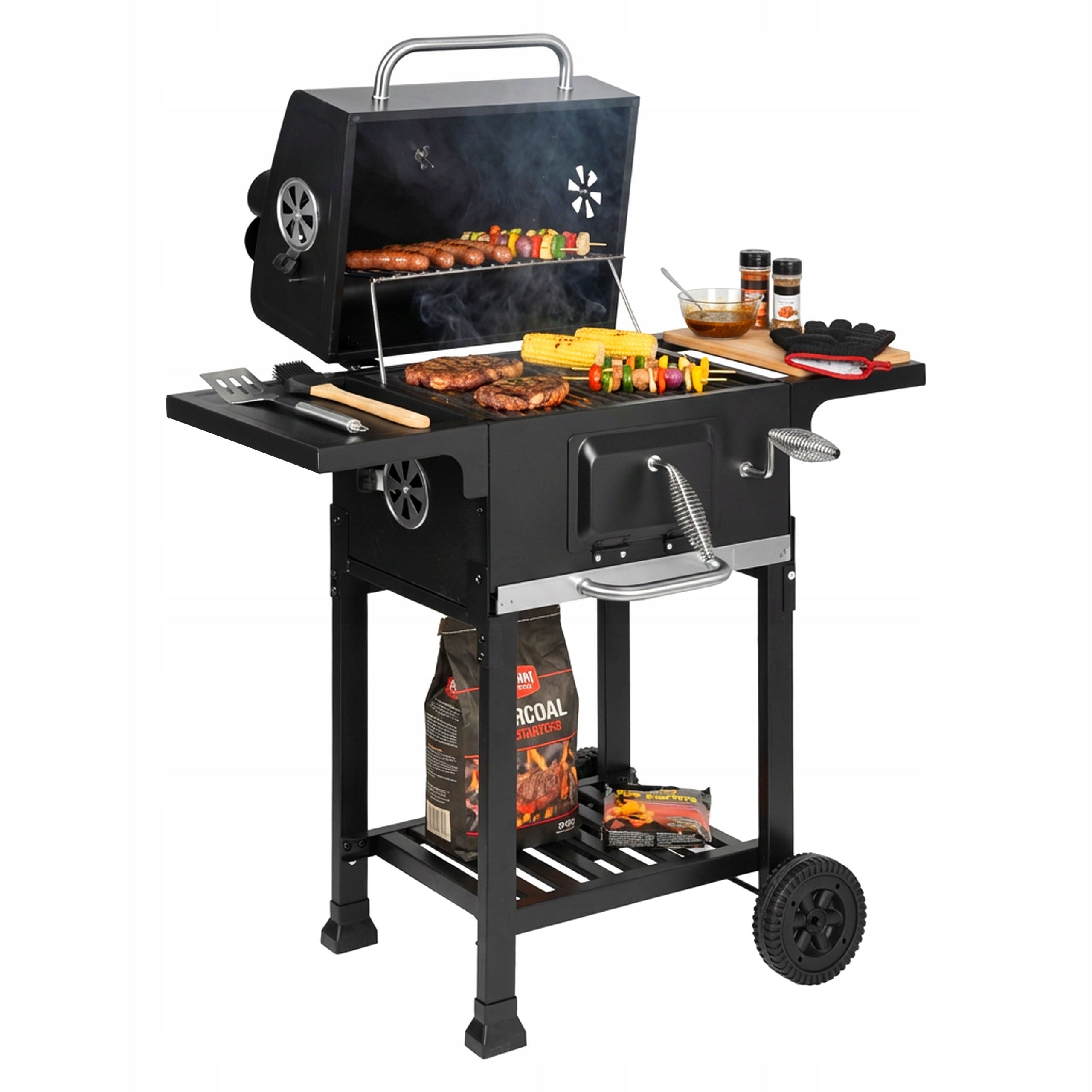 CHARCOAL GRILL LARGE CAST IRON GARDEN GRATE WITH ASHTRAY COVER + THERMOMETER Grill depth 36 cm