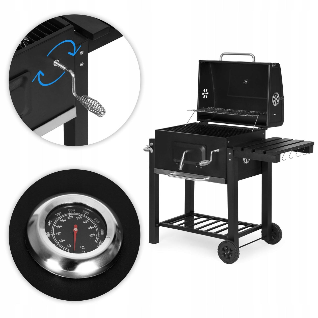 CHARCOAL GRILL LARGE GARDEN WITH THERMOMETER COVER SHELVES LOCKABLE+BLOWER Grate length 57.5 cm
