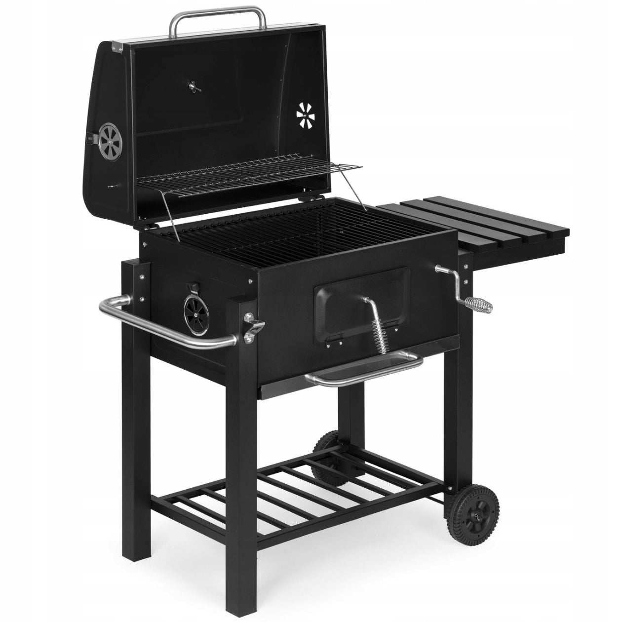 CHARCOAL GRILL LARGE GARDEN WITH THERMOMETER COVER SHELVES LOCKABLE+BLOWER Grill width 114.5 cm