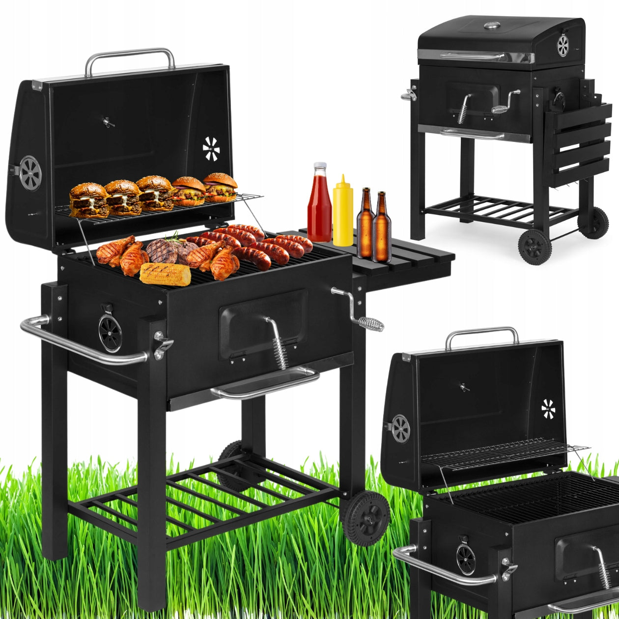 CHARCOAL GRILL LARGE GARDEN WITH THERMOMETER COVER SHELVES LOCKABLE+BLOWER