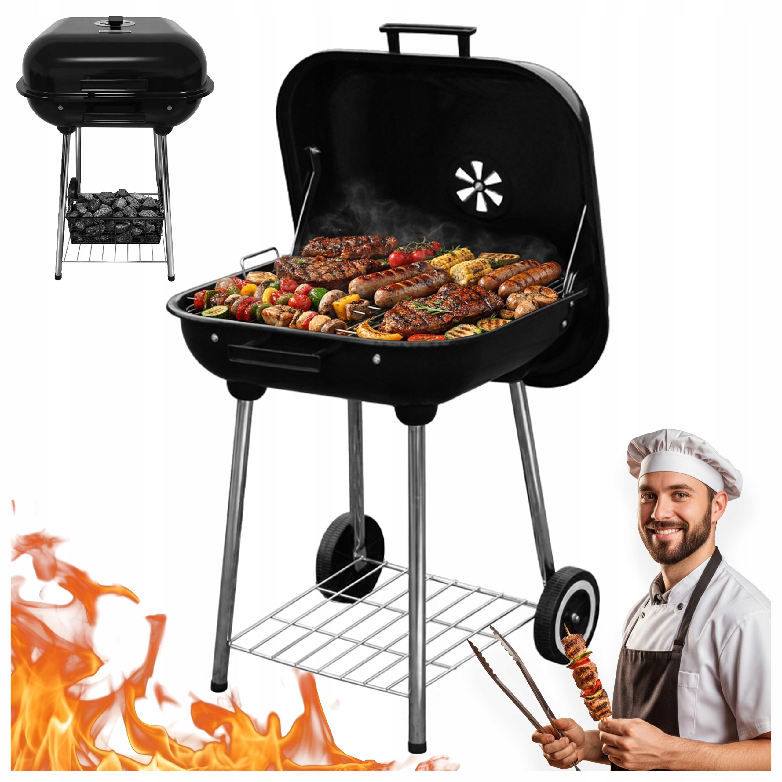 CHARCOAL GRILL LOCKABLE GARDEN WITH CASTER COVER PORTABLE BLACK GRIL BBQ