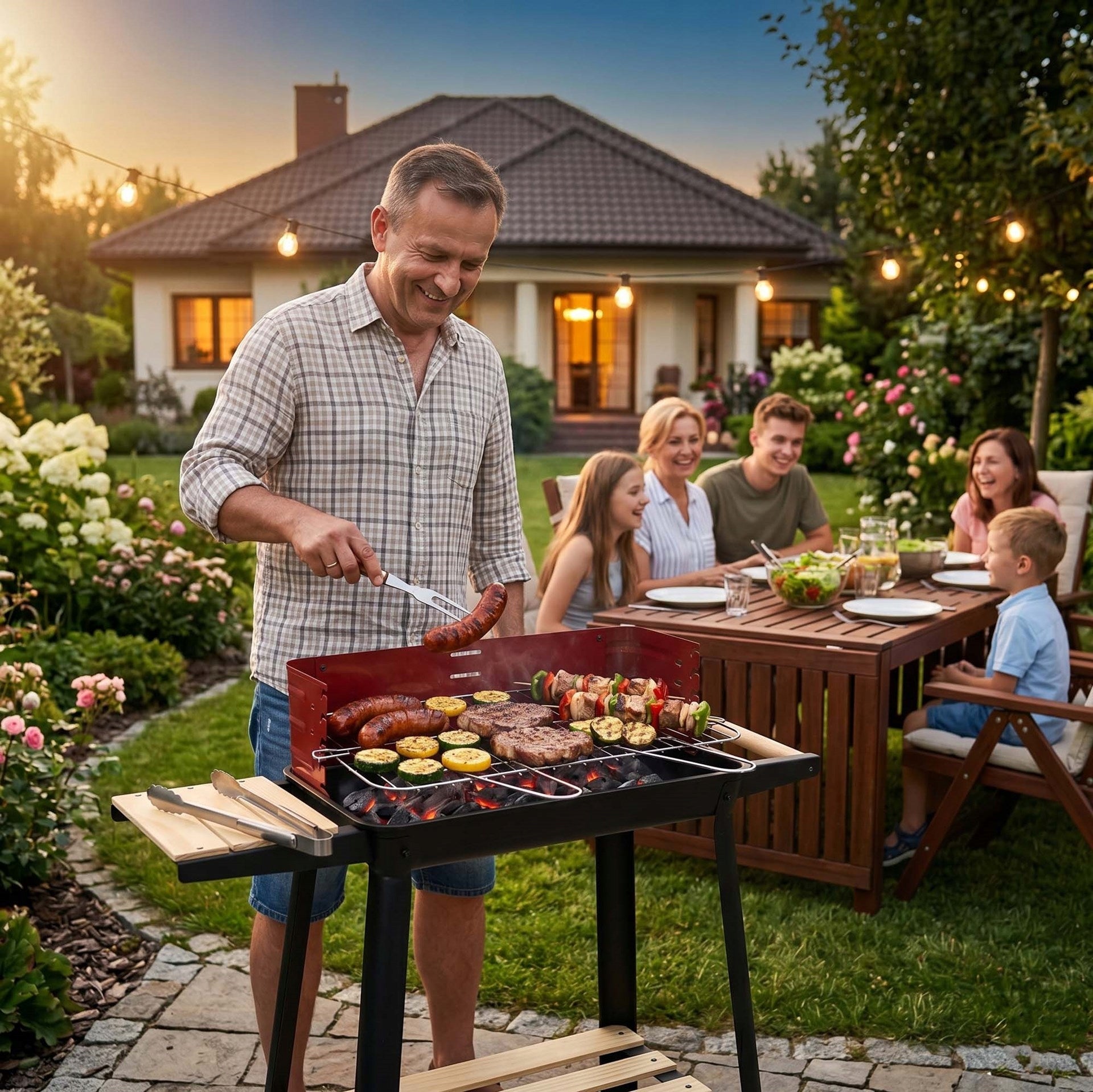 CHARCOAL GRILL PORTABLE GARDEN WITH WHEELS GRATE ADJUSTABLE 5 LEVELS BBQ Packaging status original