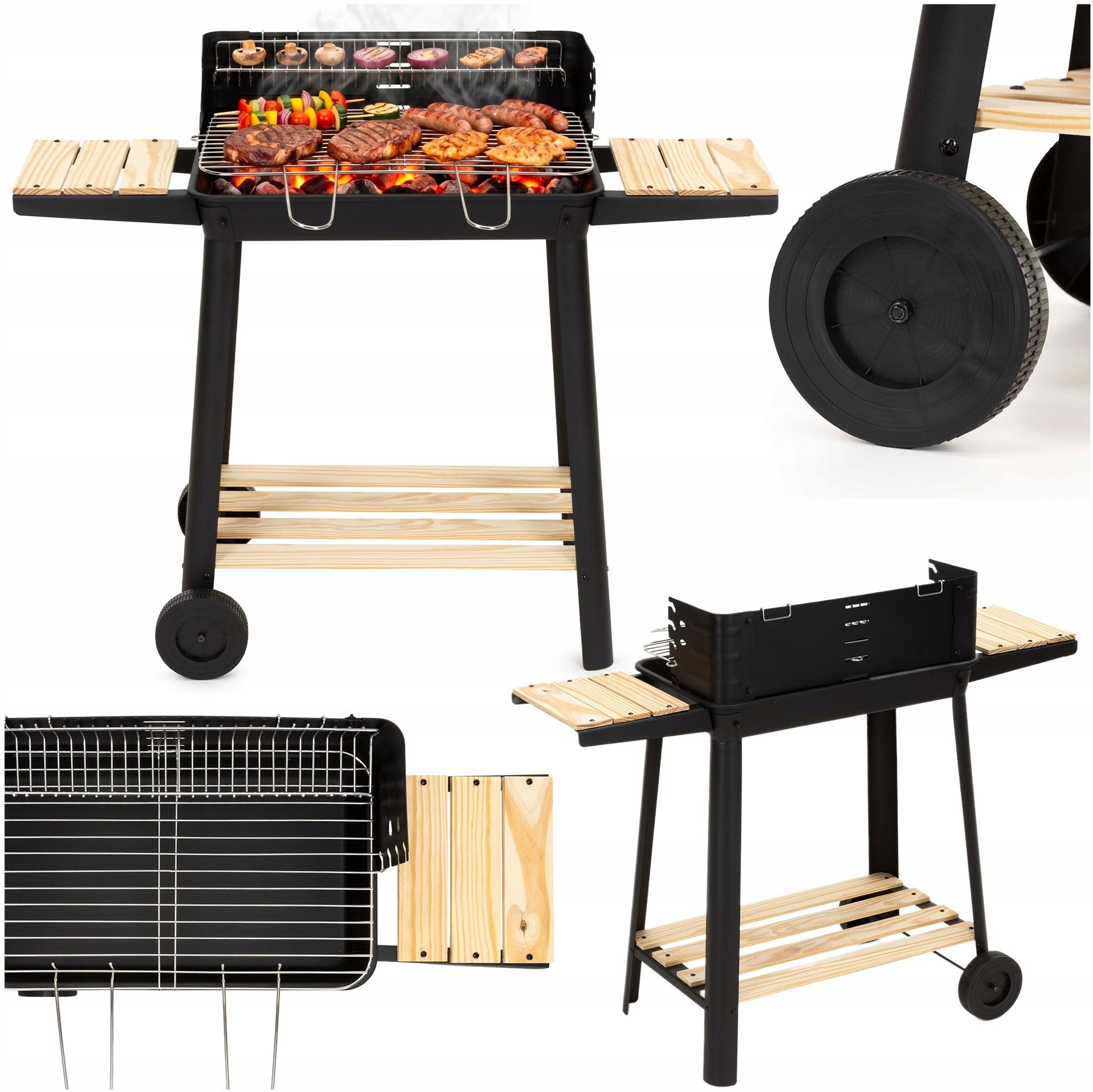 CHARCOAL GRILL PORTABLE GARDEN WITH WHEELS GRATE ADJUSTABLE SHELF SPIT BBQ Grill depth 41 cm
