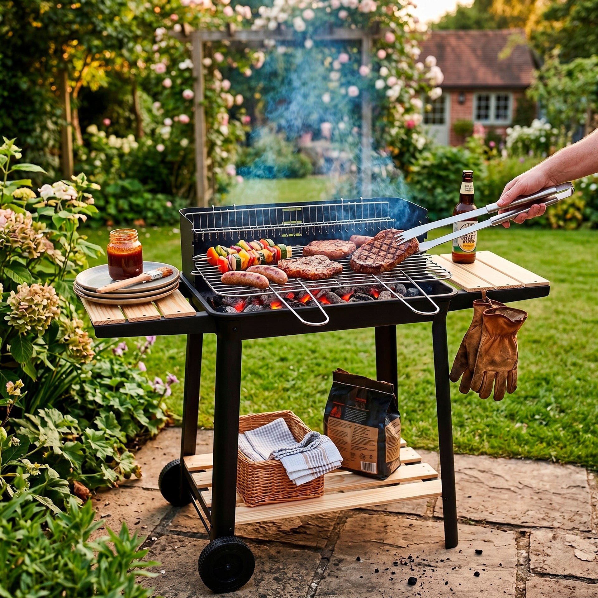 CHARCOAL GRILL PORTABLE GARDEN WITH WHEELS GRATE ADJUSTABLE SHELF SPIT BBQ Grill height 78 cm