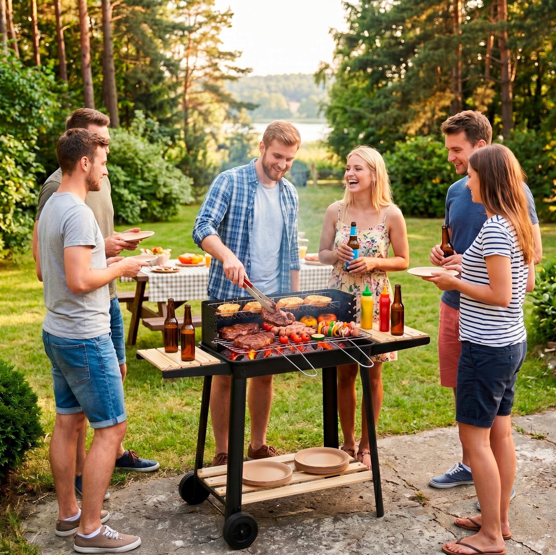 CHARCOAL GRILL PORTABLE GARDEN WITH WHEELS GRATE ADJUSTABLE SHELF SPIT BBQ Grill width 95 cm