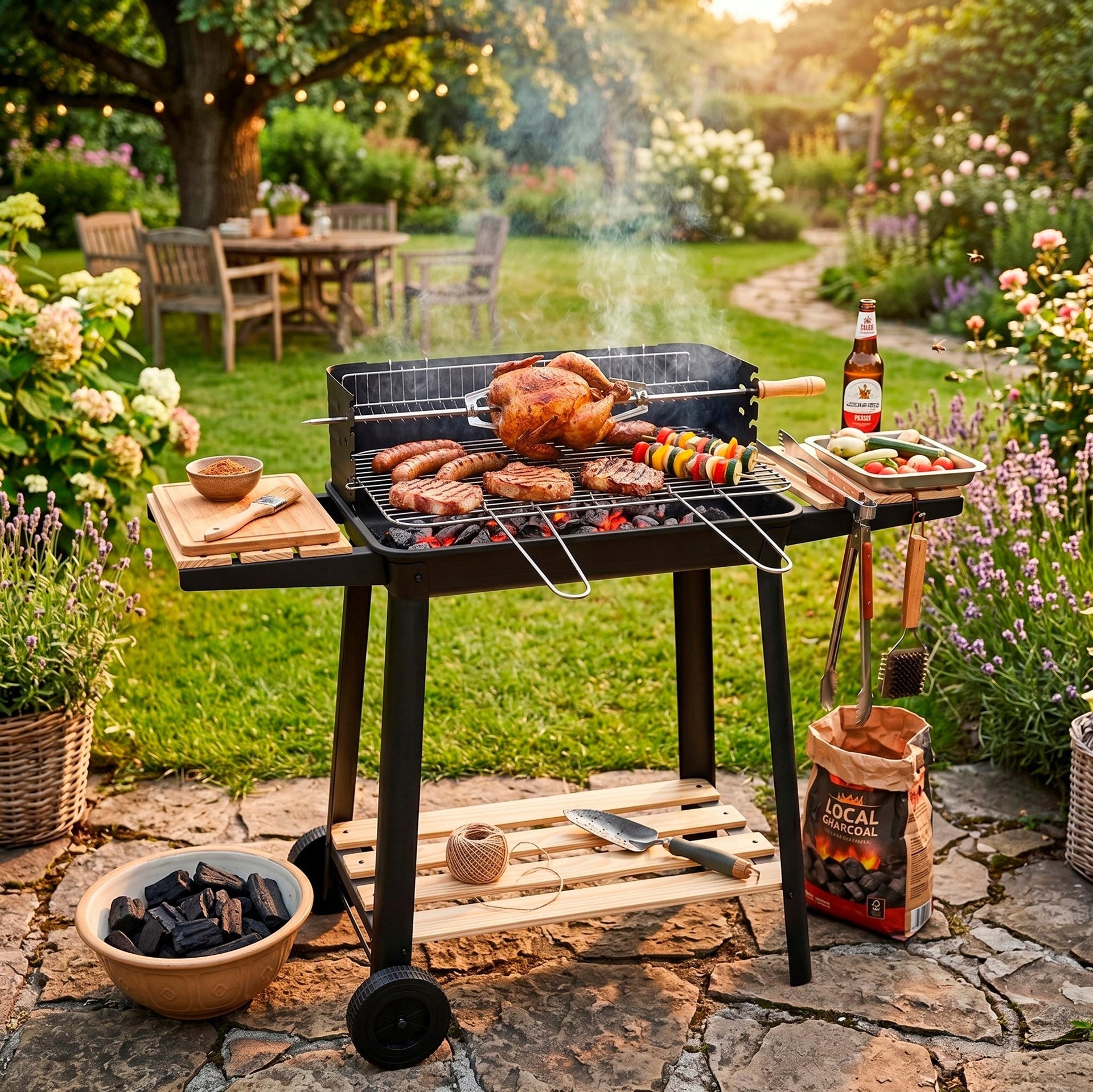 CHARCOAL GRILL PORTABLE GARDEN WITH WHEELS GRATE ADJUSTABLE SHELF SPIT BBQ Packaging status original