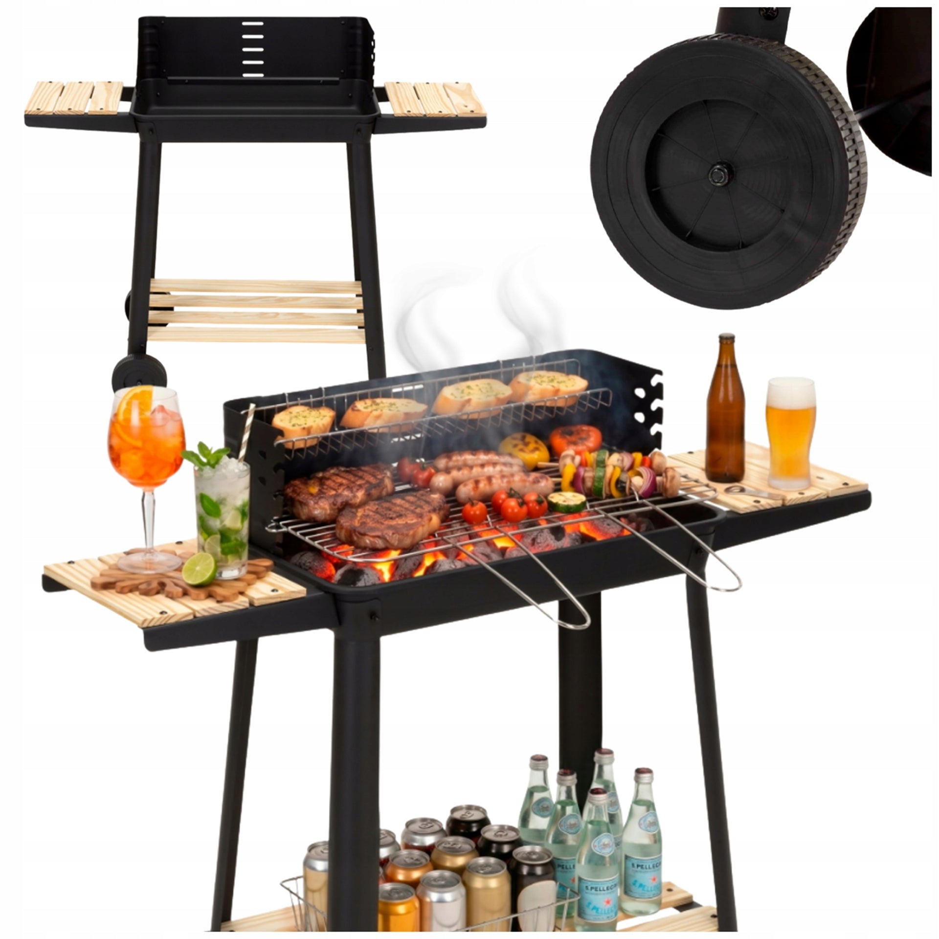 CHARCOAL GRILL PORTABLE GARDEN WITH WHEELS GRATE ADJUSTABLE SHELF SPIT BBQ